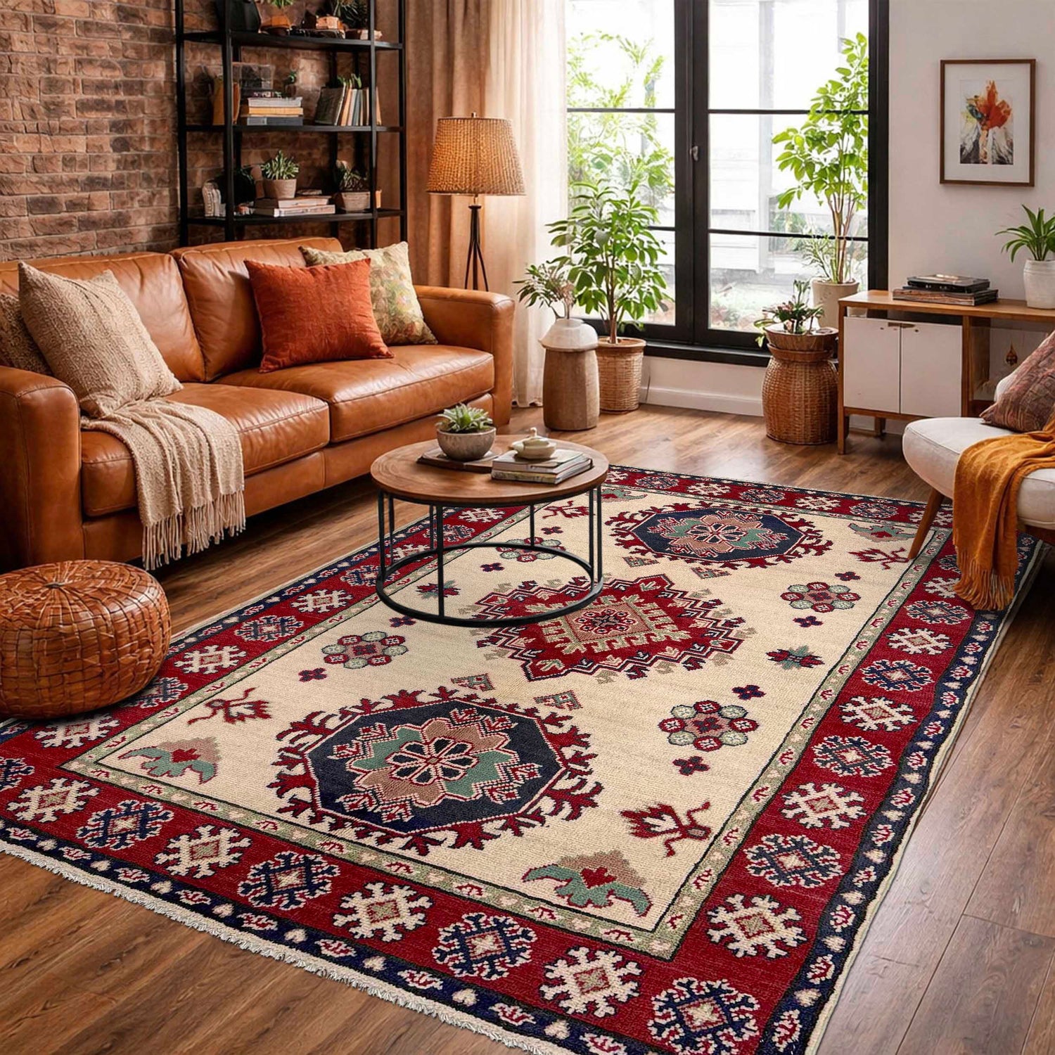 Kazak Rug Handmade Beige Medallion 4x6 ft