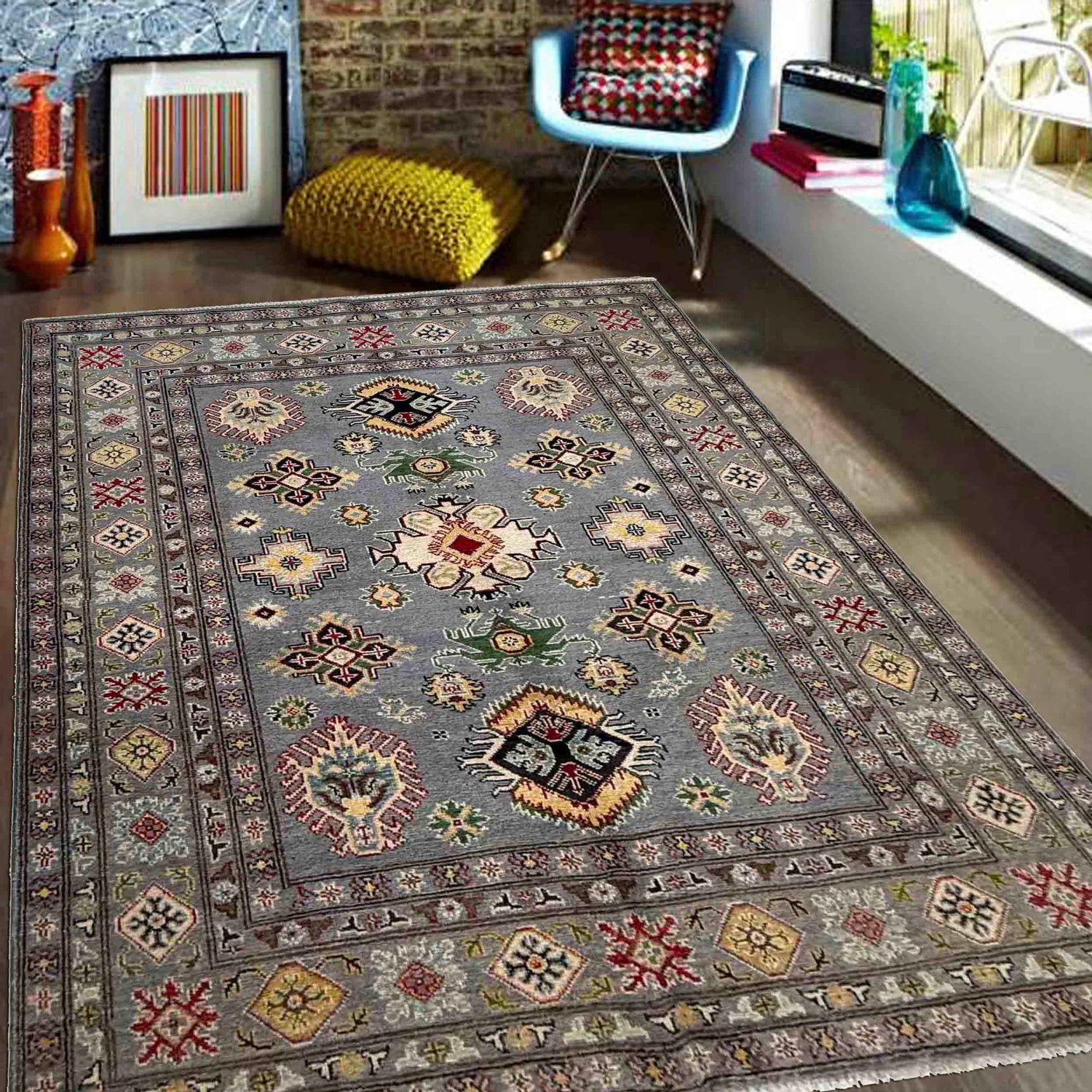 Kazak Rug Handmade Gray Medallion 4x7 ft