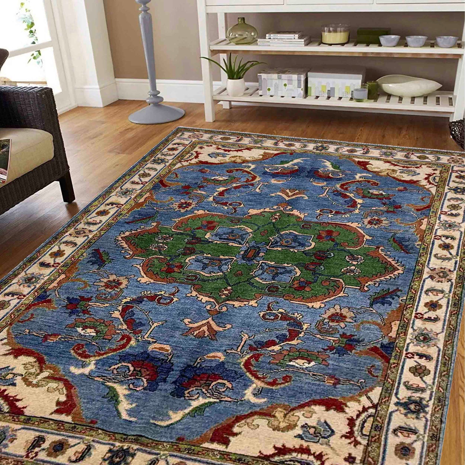 Kazak Rug Handmade Blue Medallion 4x7 ft