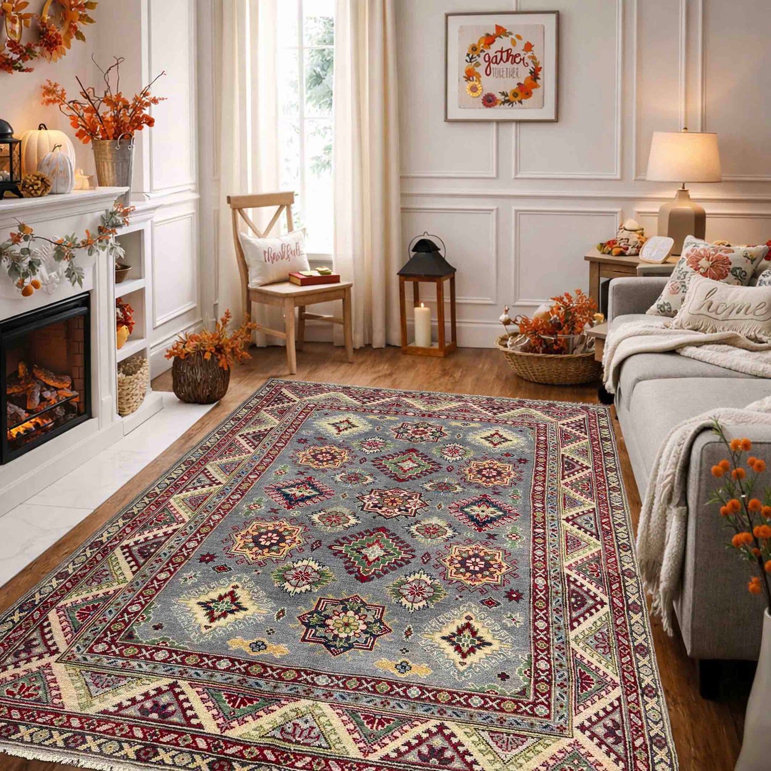 Kazak Rug Handmade Gray Medallion 4x7 ft