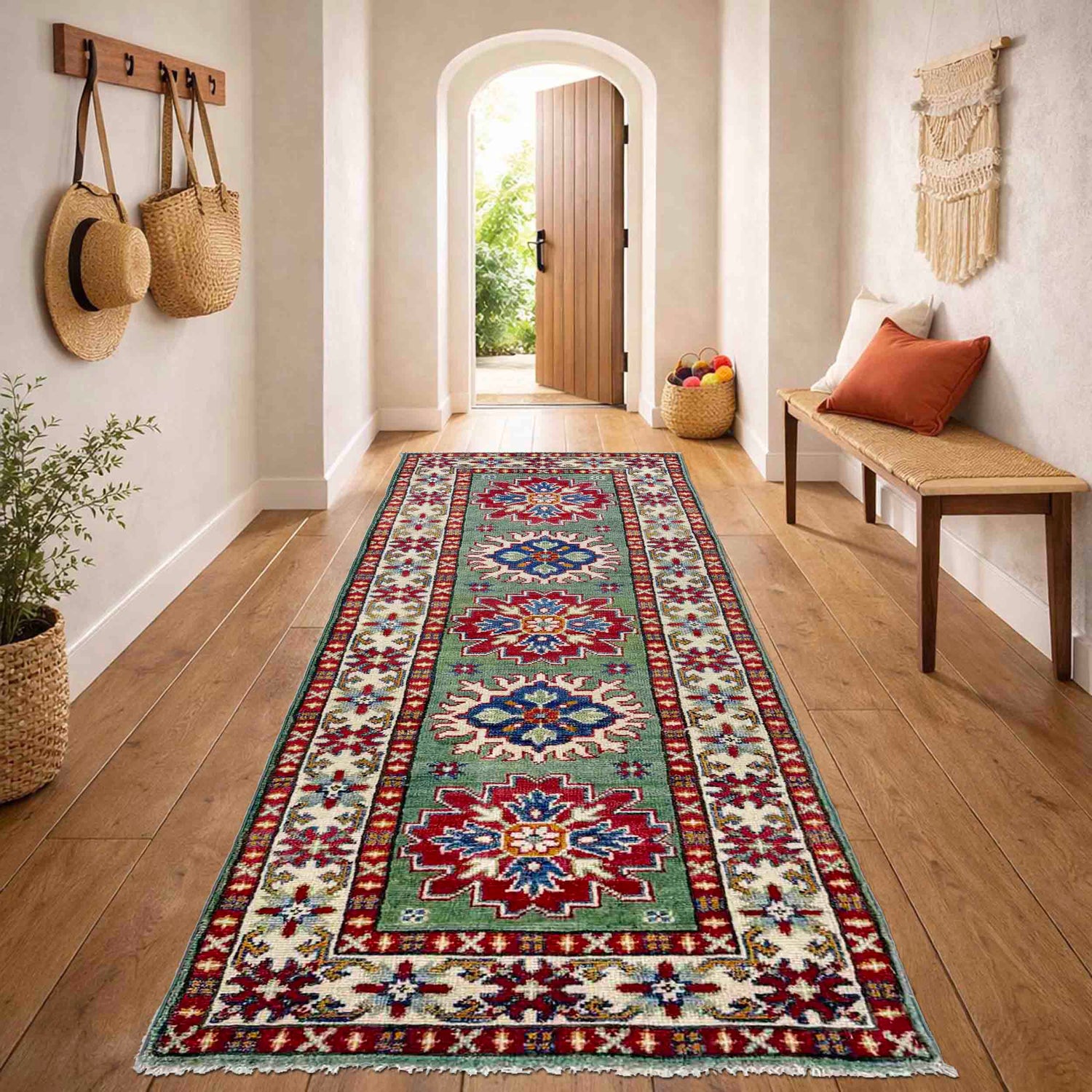 Kazak Rug Handmade Green Medallion 6' Runner