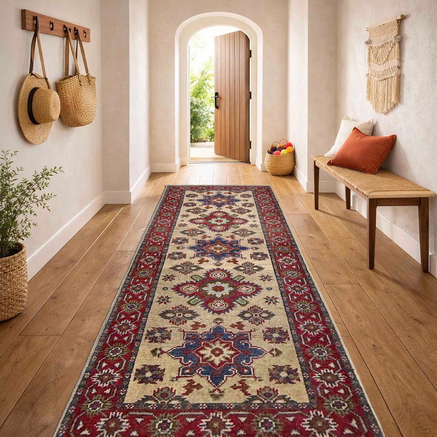 Kazak Rug Handmade Beige Medallion 5' Runner