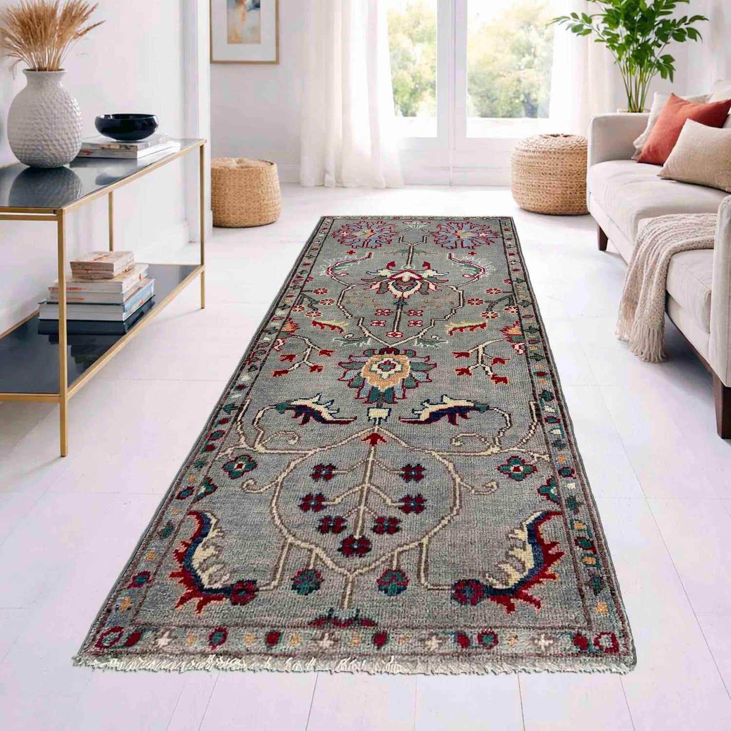 Sultani Area Rug Runner Handmade Gray Floral 5' Runner