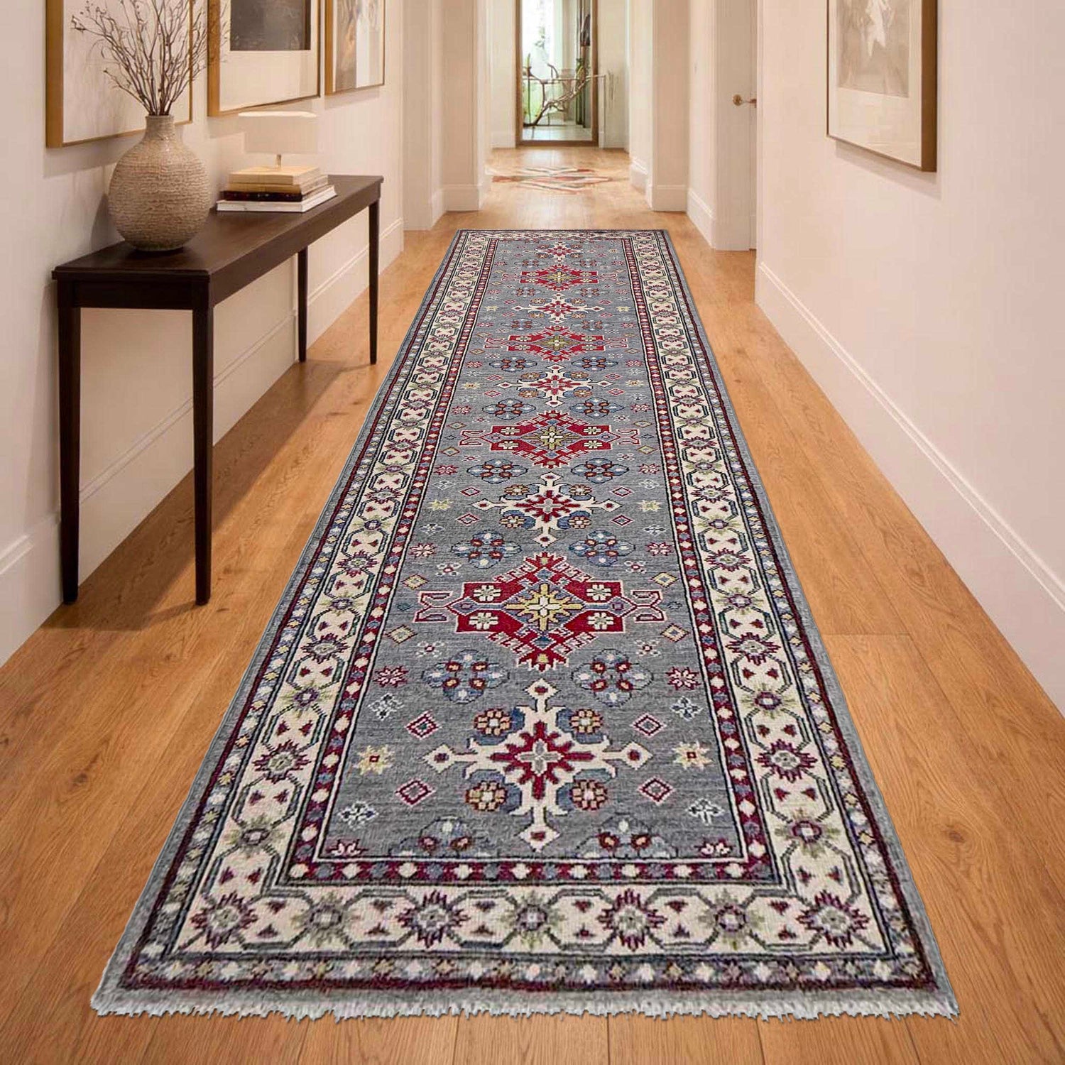Kazak Rug Handmade Gray Medallion 10' Runner
