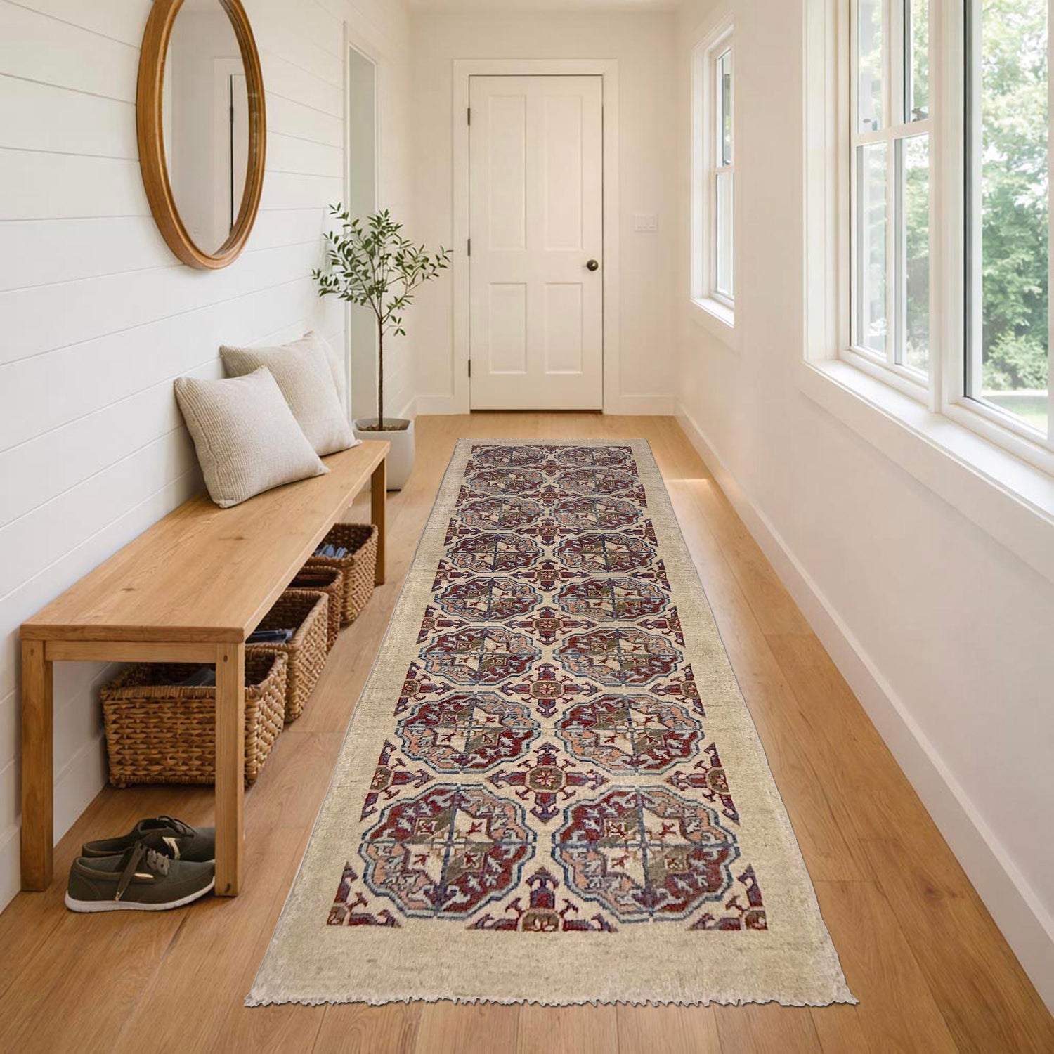 Waziri Runner Rug Handmade Beige Medallion 8' Runner