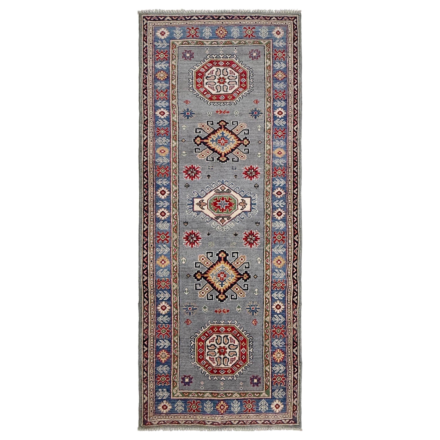 Kazak Rug Handmade Gray Medallion 8' Runner