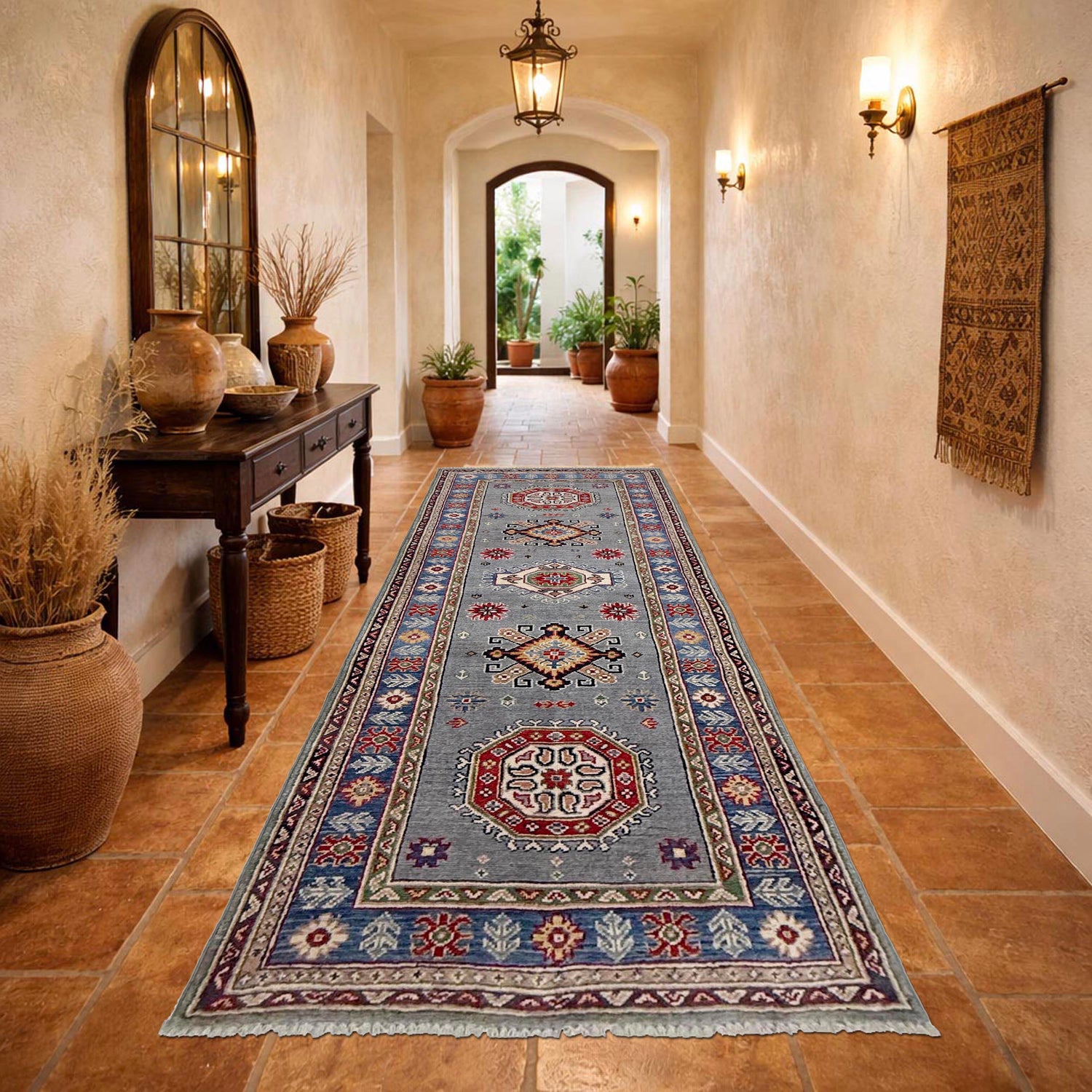 Kazak Rug Handmade Gray Medallion 8' Runner