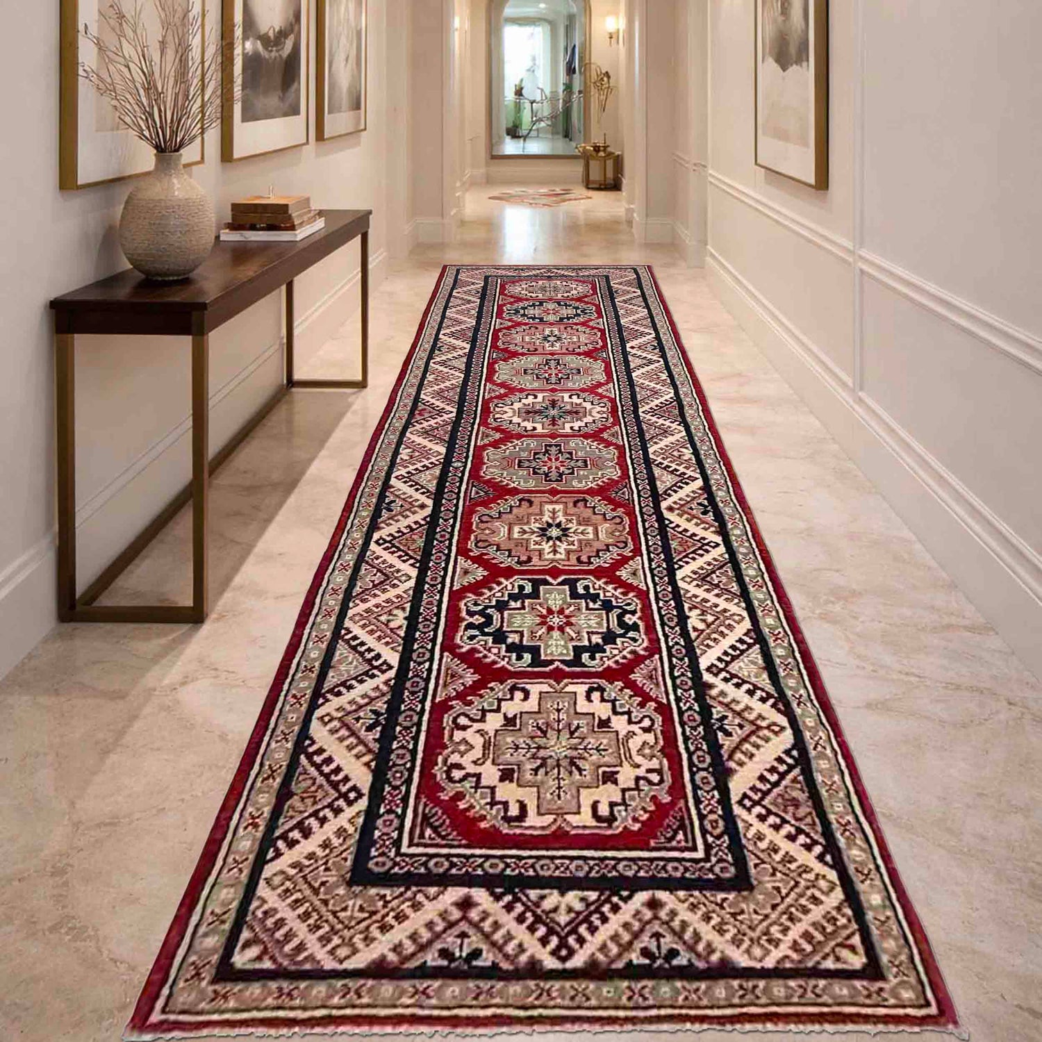 Kazak Rug Handmade Red Medallion 10' Runner