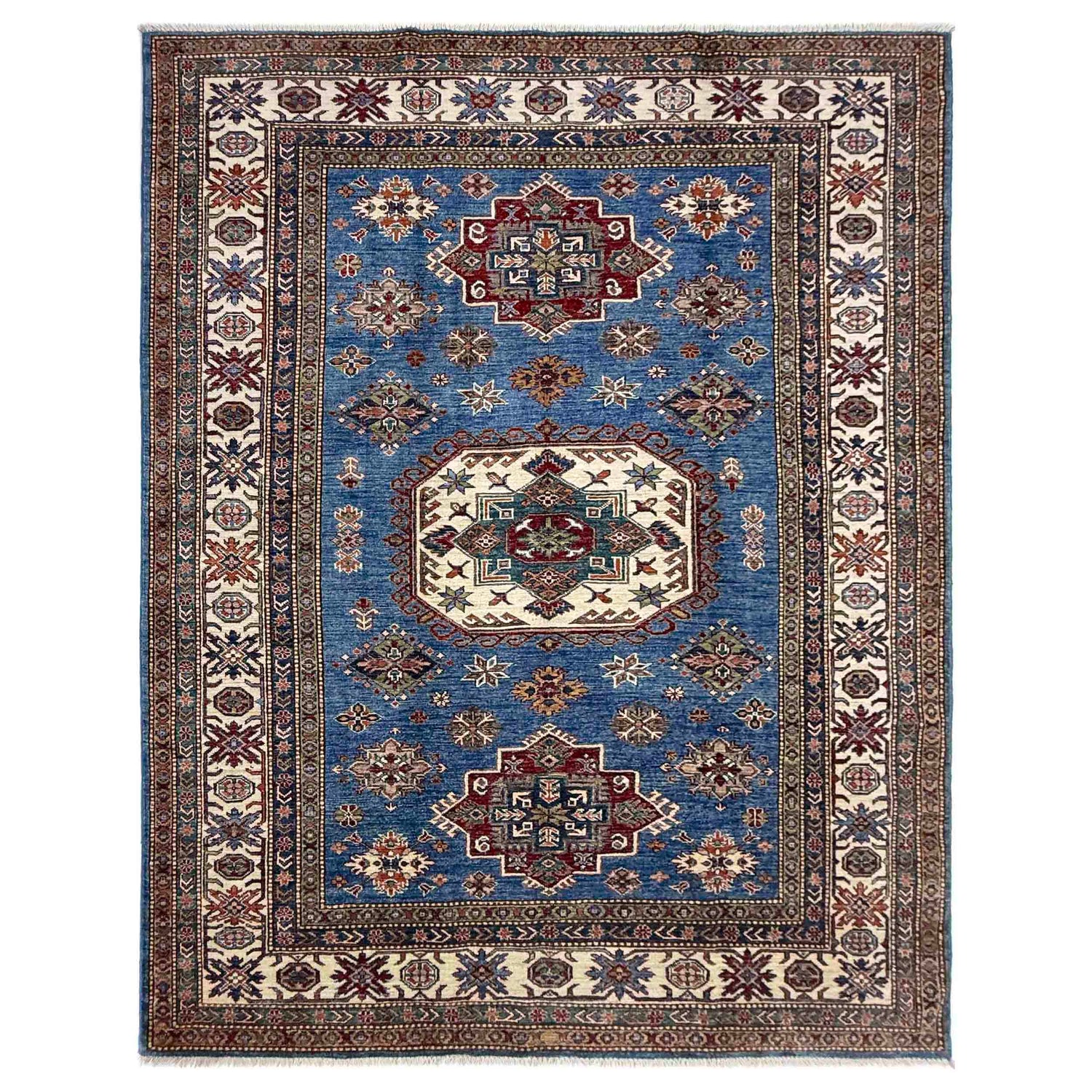 Kazak Rug Handmade Blue Medallion 5x8 ft