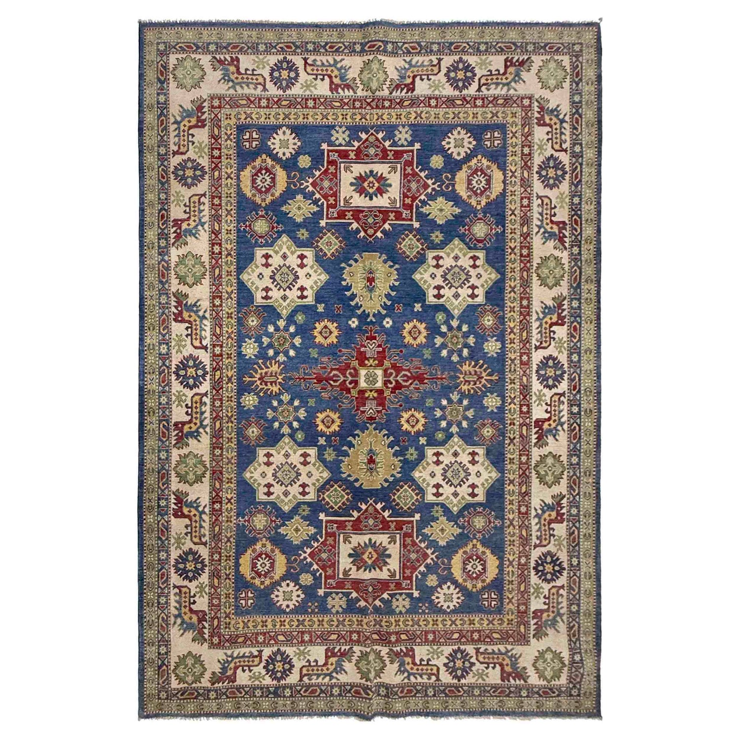 Kazak Rug Handmade Blue Medallion 7x10 ft