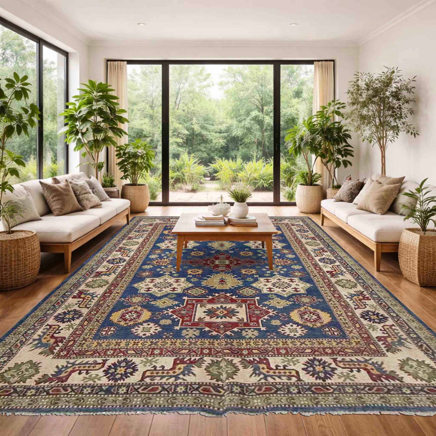Kazak Rug Handmade Blue Medallion 7x10 ft