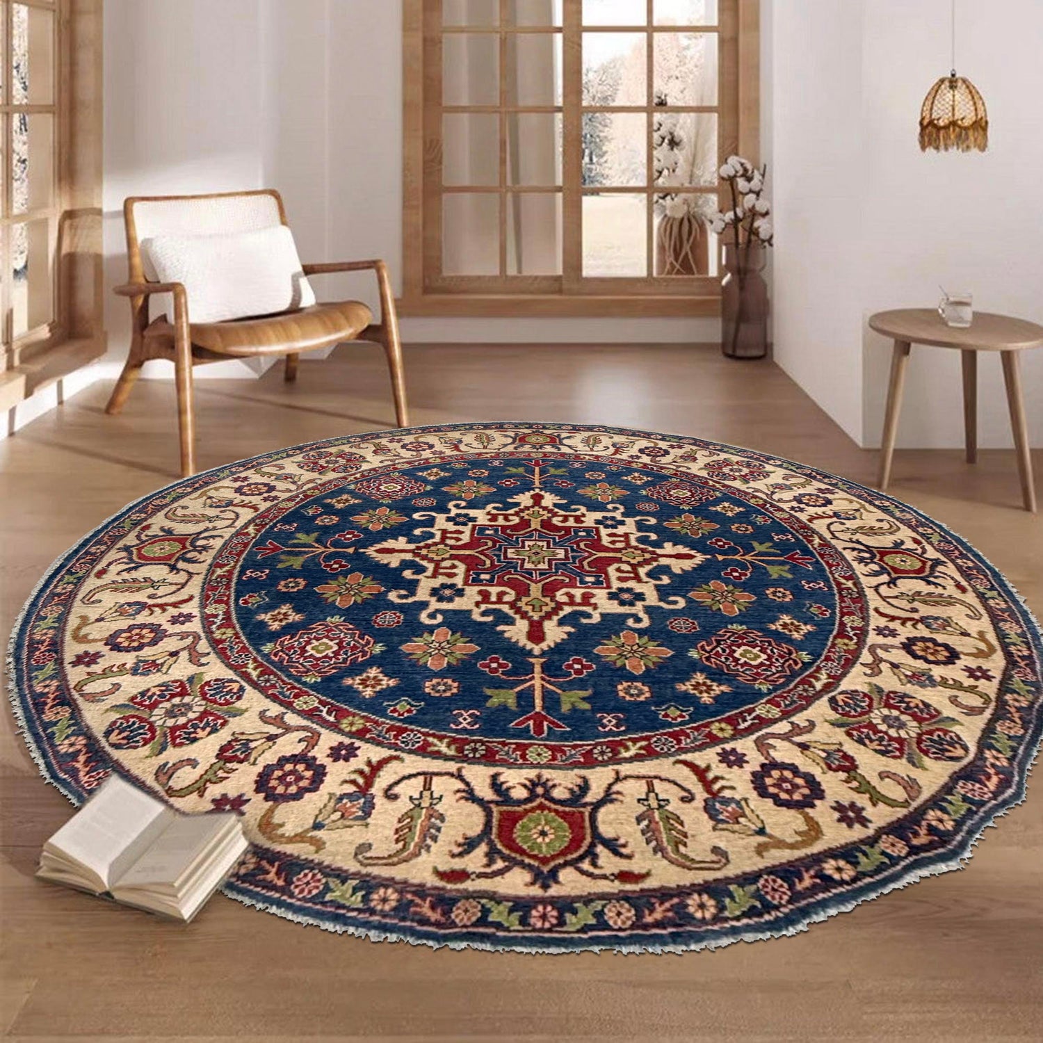 Kazak Rug Handmade Blue Medallion 6x6 ft