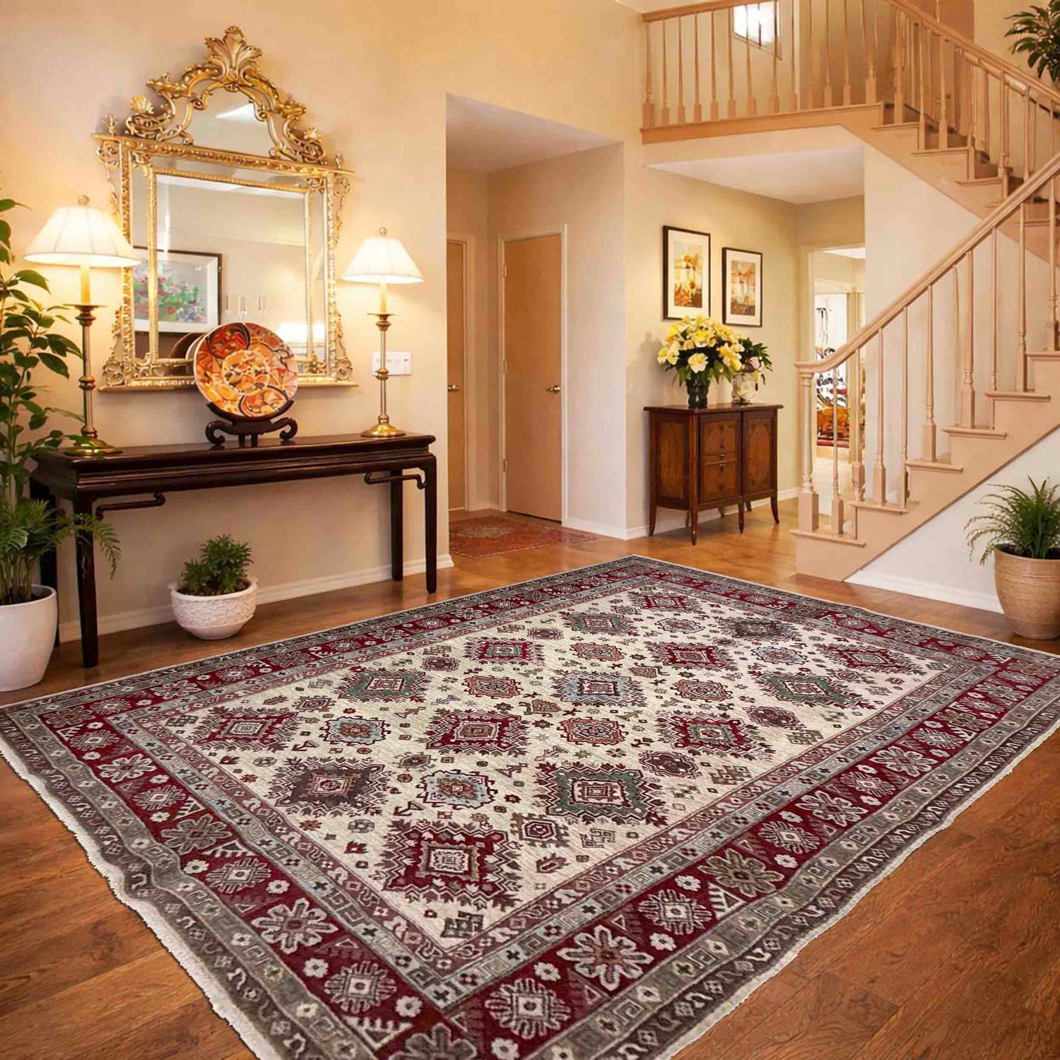 Kazak Rug Handmade Beige Medallion 7x10 ft