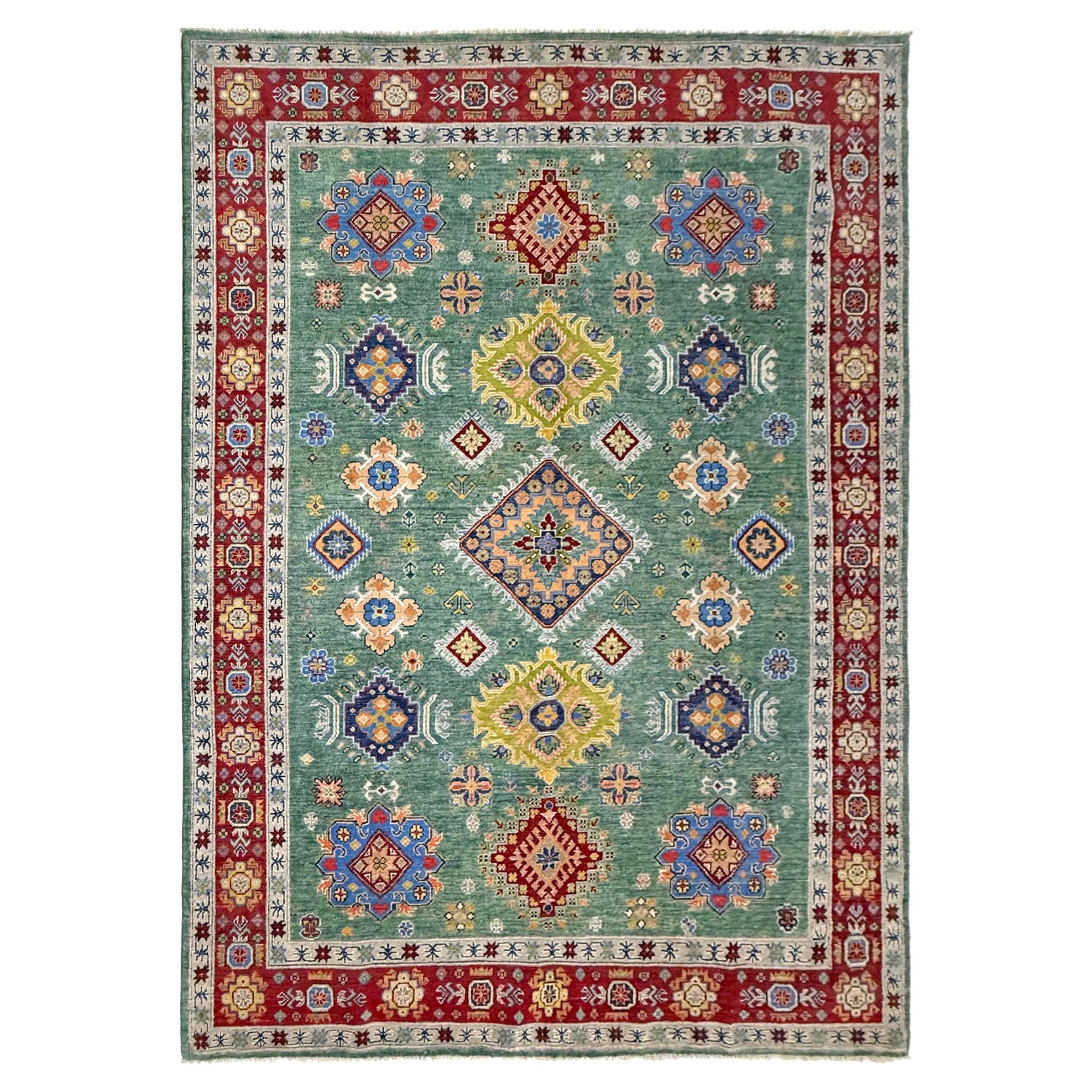 Kazak Rug Handmade Green Medallion 7x10 ft
