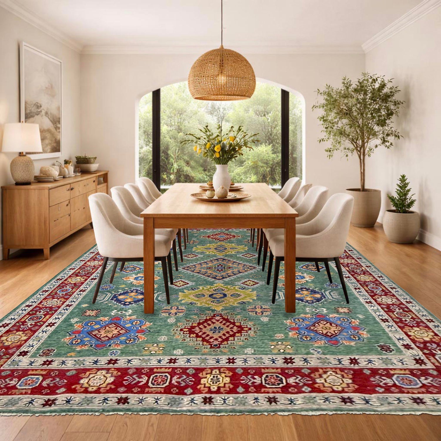 Kazak Rug Handmade Green Medallion 7x10 ft