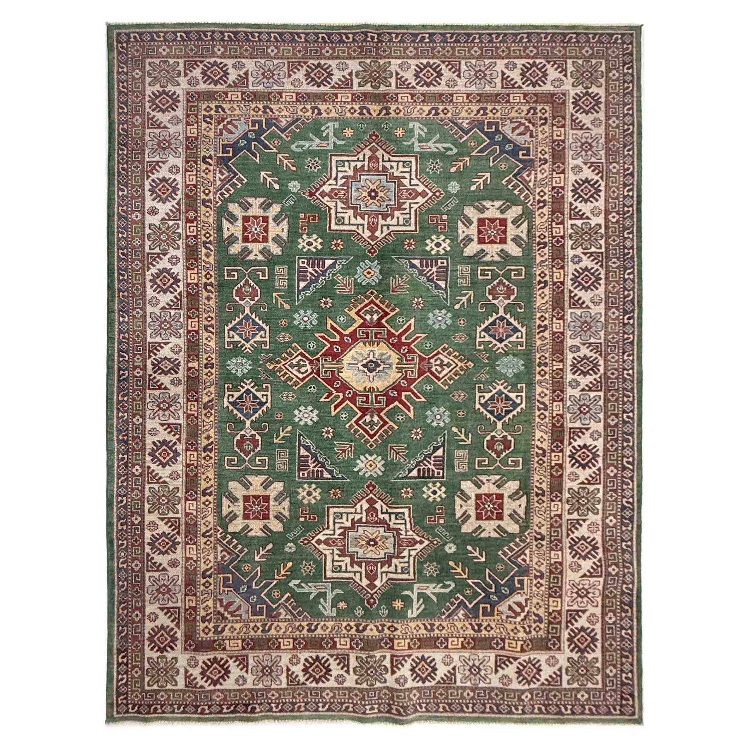 Kazak Rug Handmade Green Medallion 7x10 ft