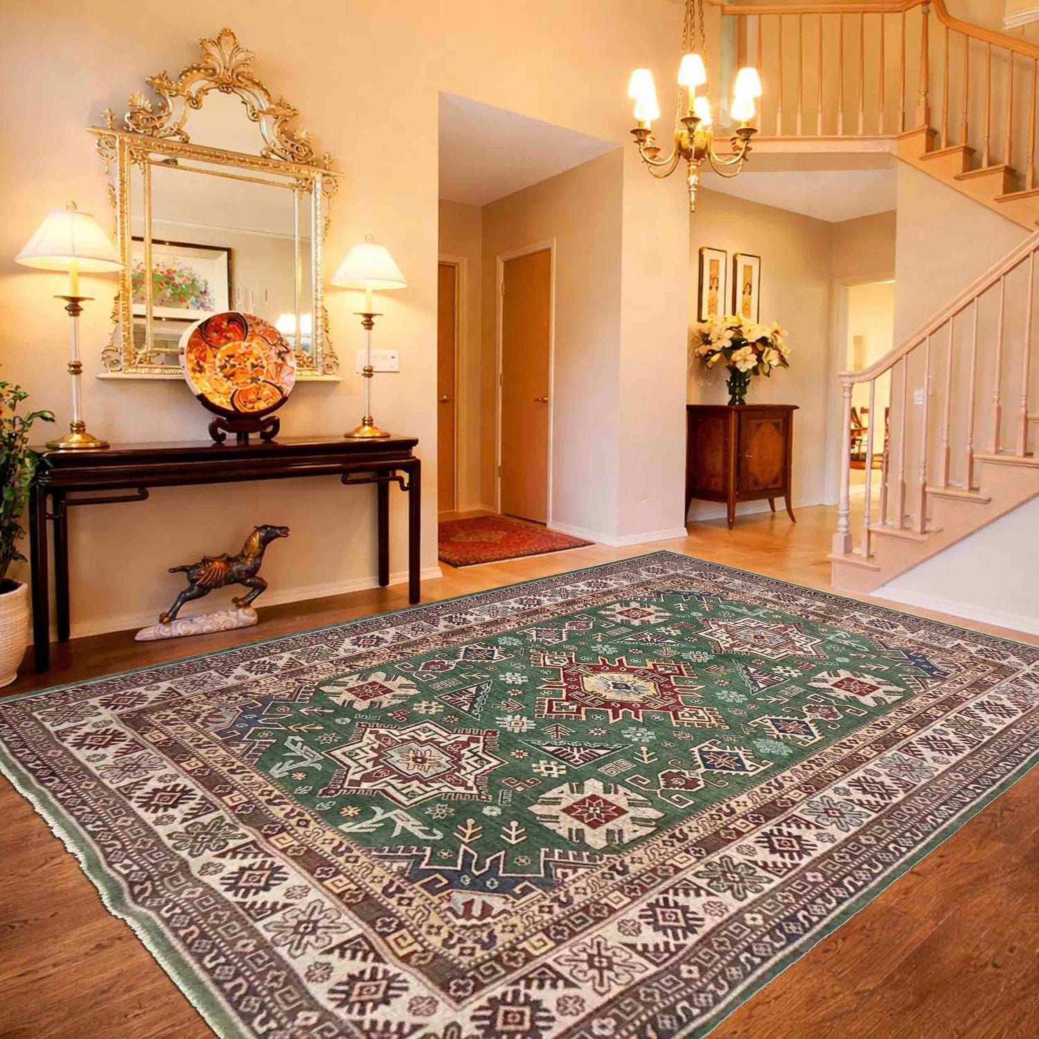 Kazak Rug Handmade Green Medallion 7x10 ft