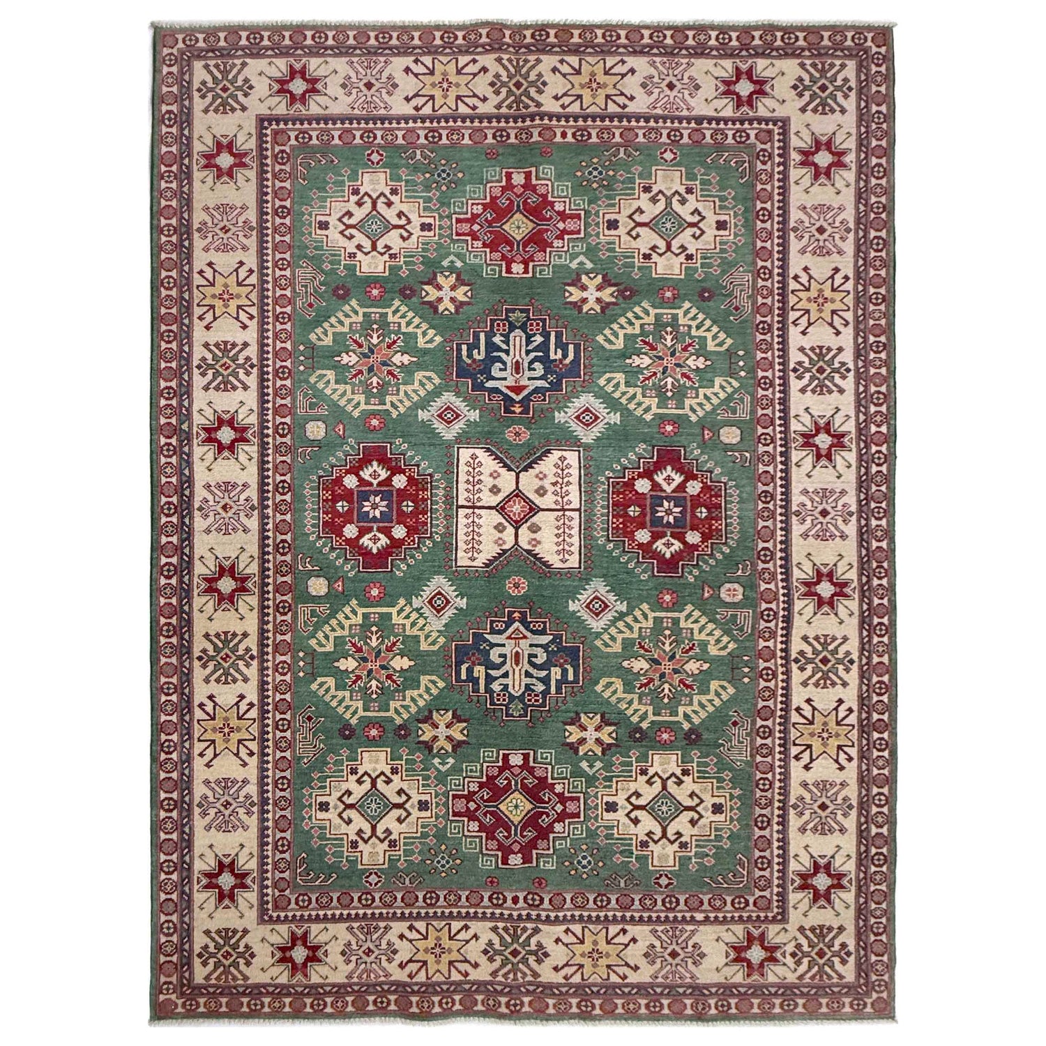 Kazak Rug Handmade Green Medallion 7x10 ft