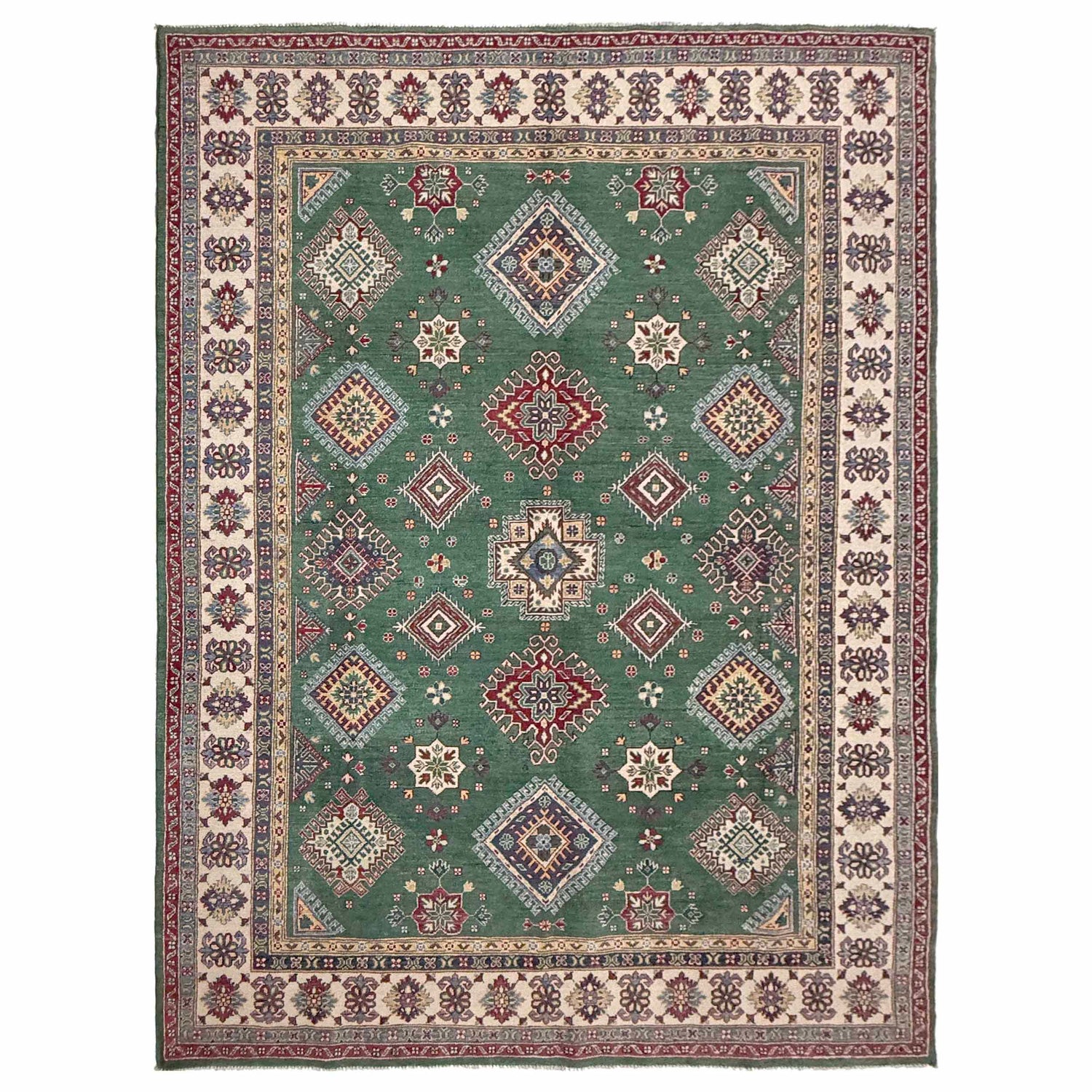 Kazak Rug Handmade Green Medallion 7x10 ft