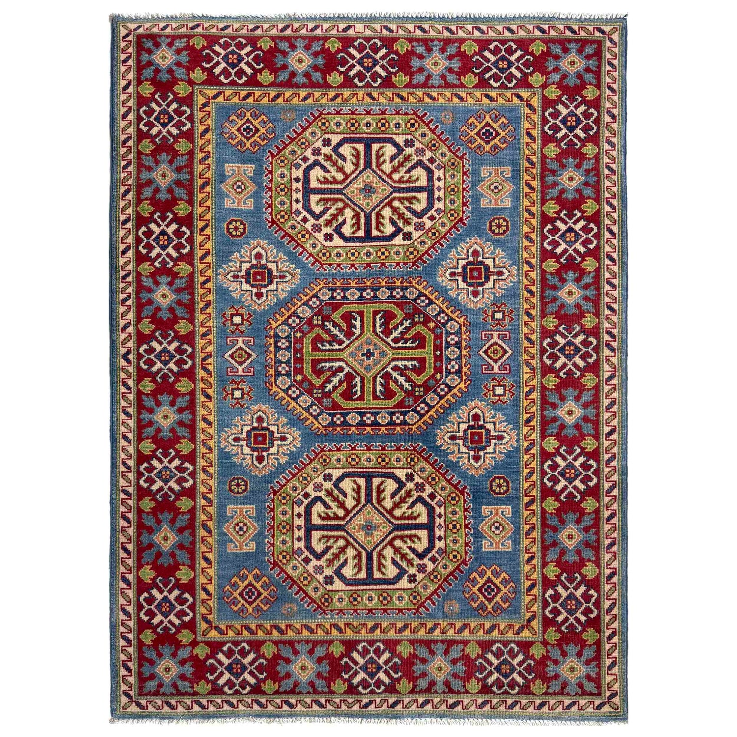 Kazak Rug Handmade Blue Medallion 4x6 ft