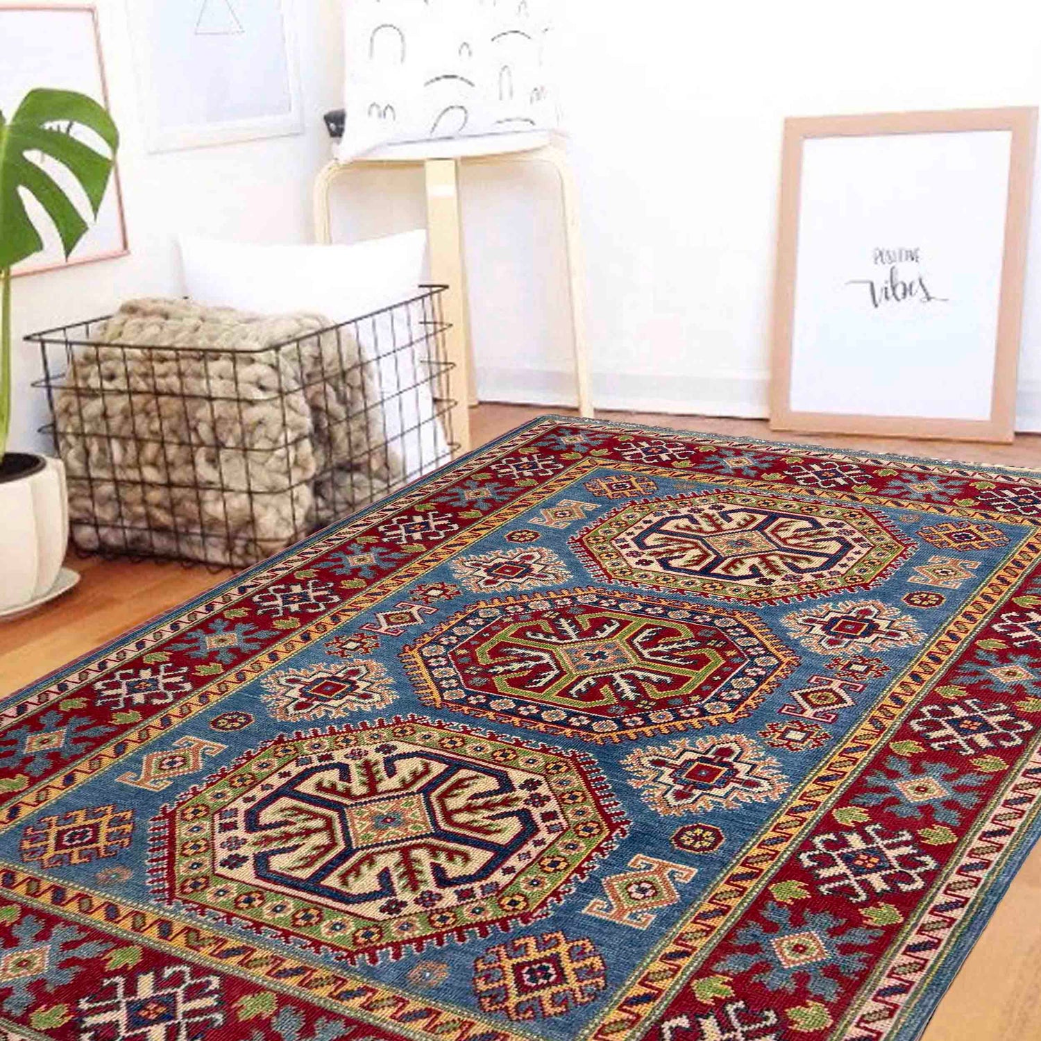 Kazak Rug Handmade Blue Medallion 4x6 ft