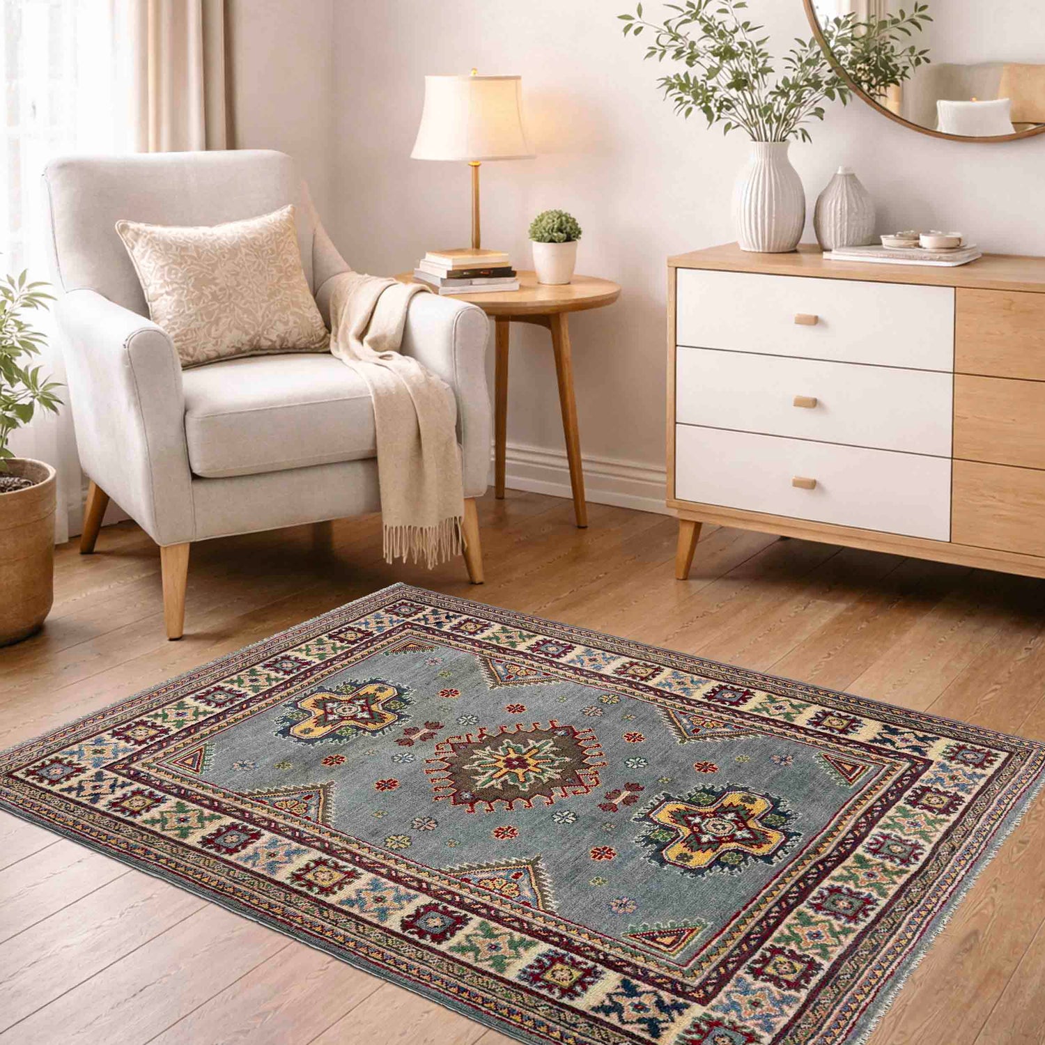 Kazak Rug Handmade Blue Medallion 3x5 ft