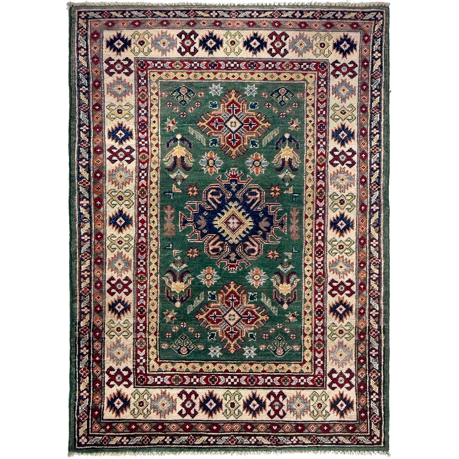 Kazak Rug Handmade Green Medallion 3x5 ft