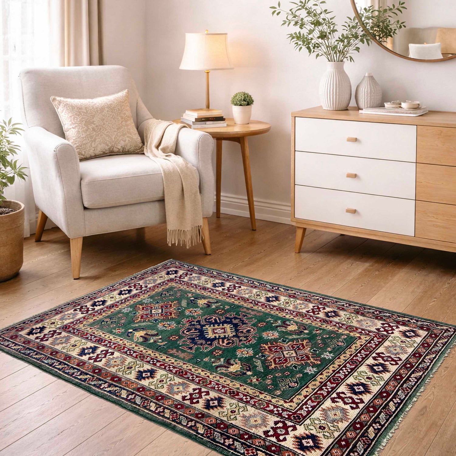 Kazak Rug Handmade Green Medallion 3x5 ft