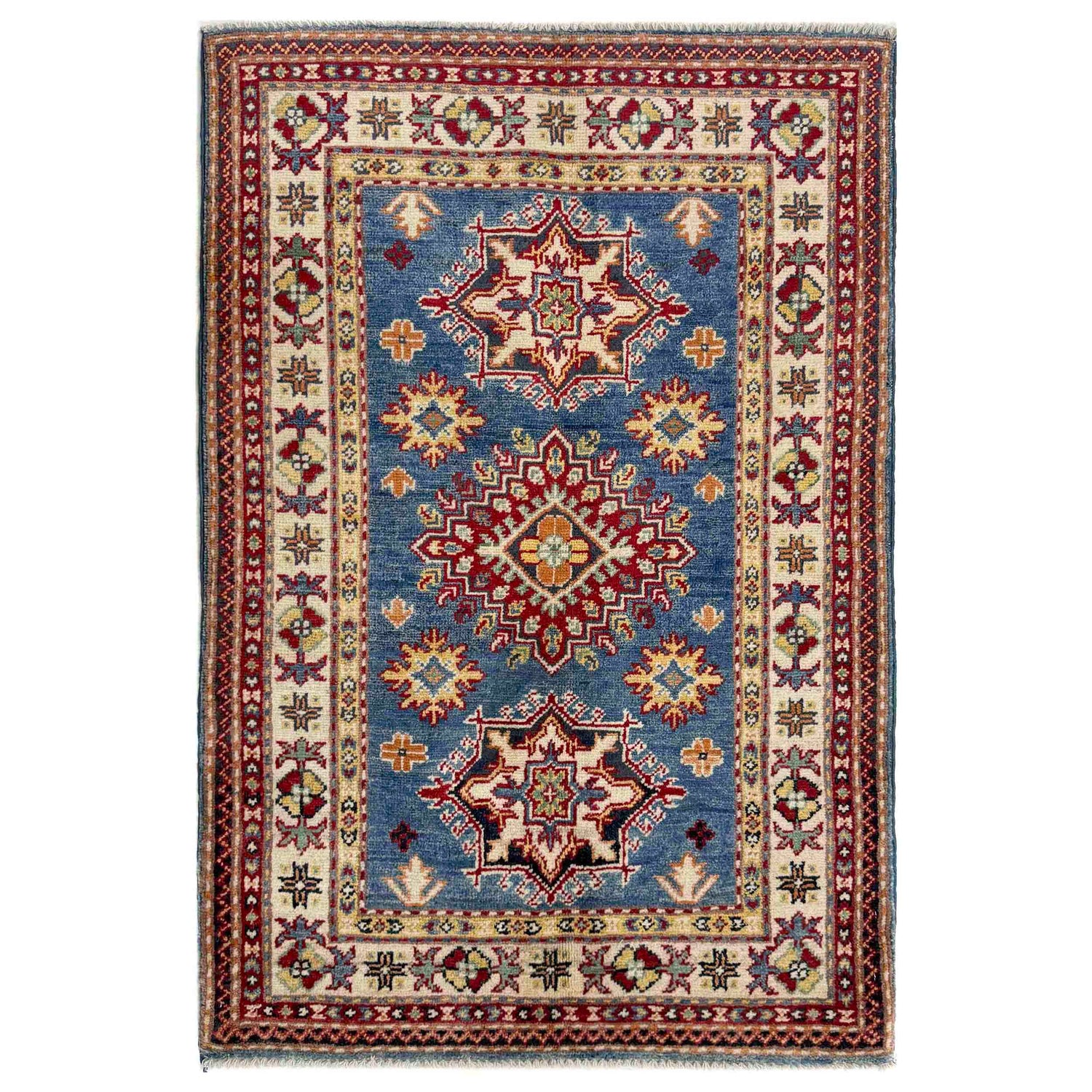 Kazak Rug Handmade Blue Medallion 2x4 ft