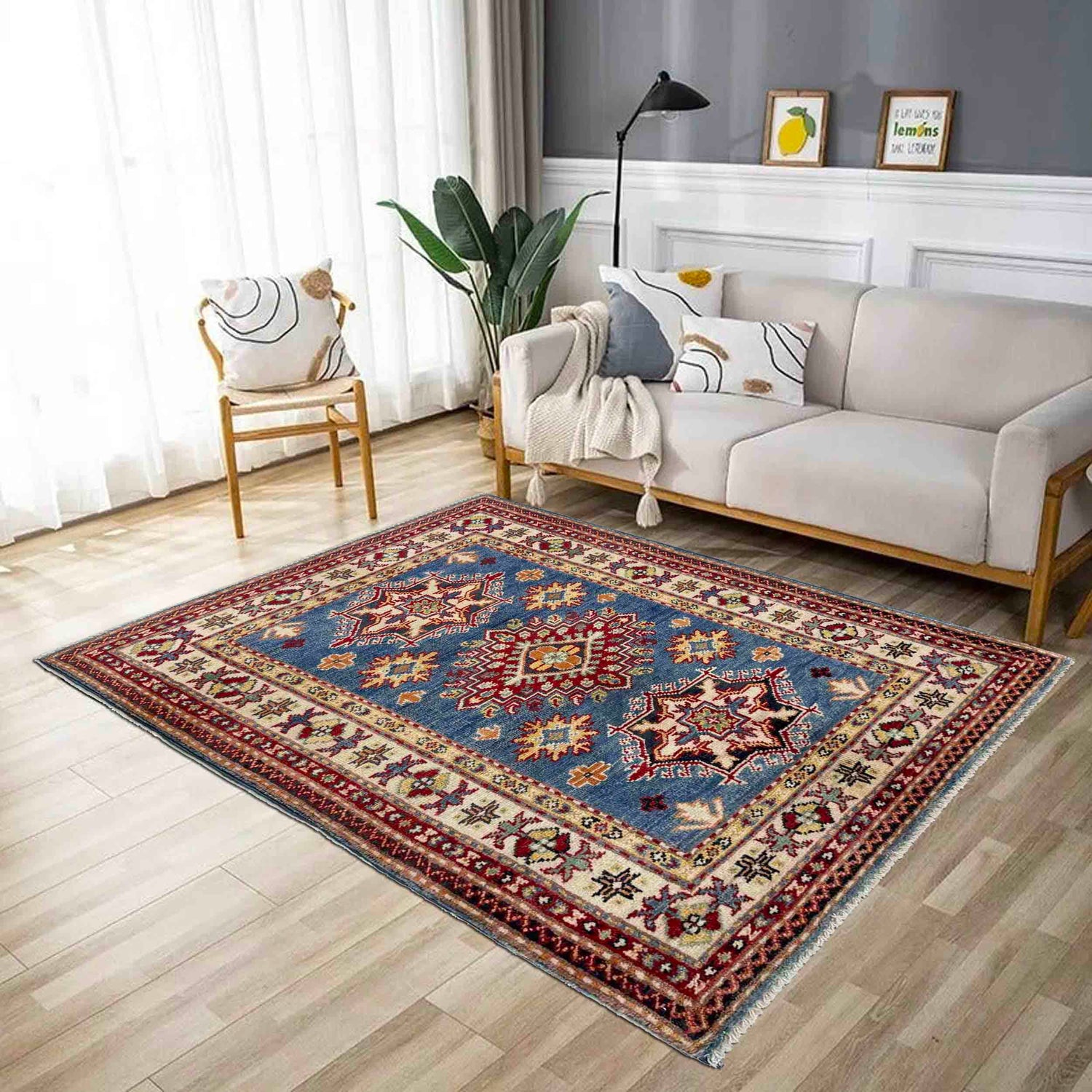 Kazak Rug Handmade Blue Medallion 2x4 ft