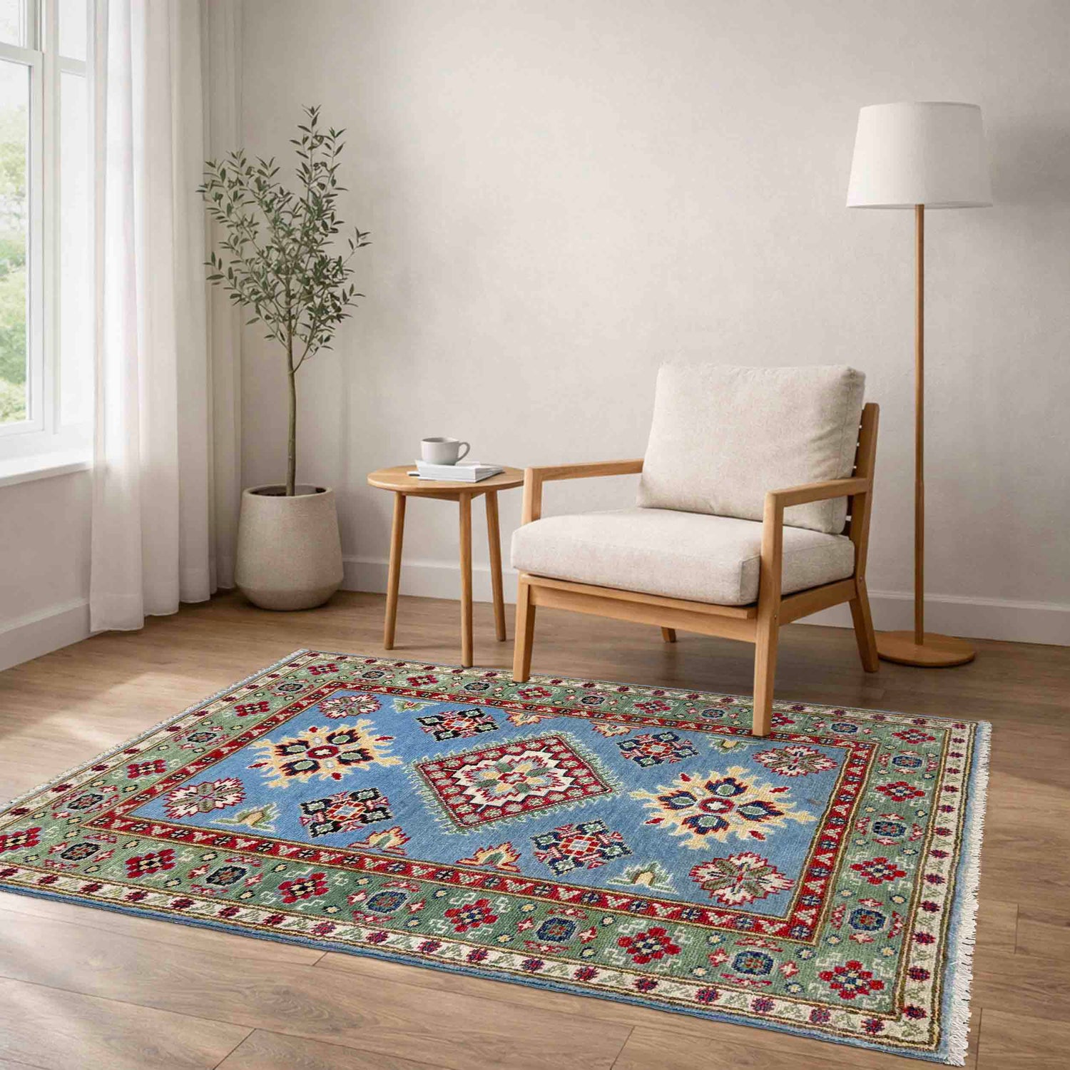 Kazak Rug Handmade Blue Medallion 2x4 ft