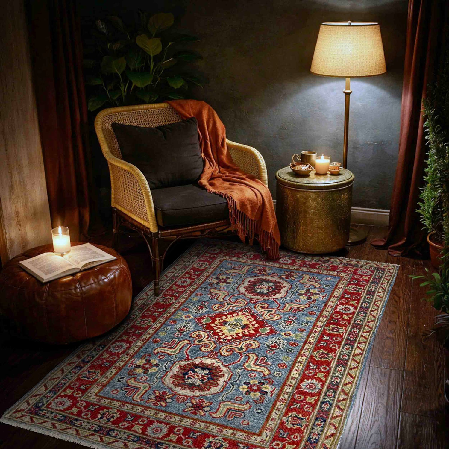 Kazak Rug Handmade Blue Medallion 2x4 ft