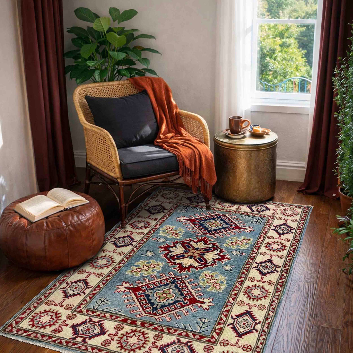 Kazak Rug Handmade Blue Medallion 2x4 ft
