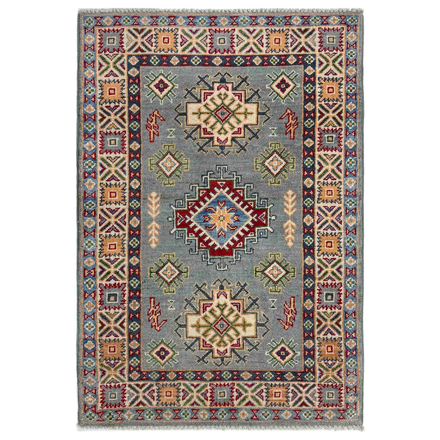 Kazak Rug Handmade Gray Medallion 2x4 ft