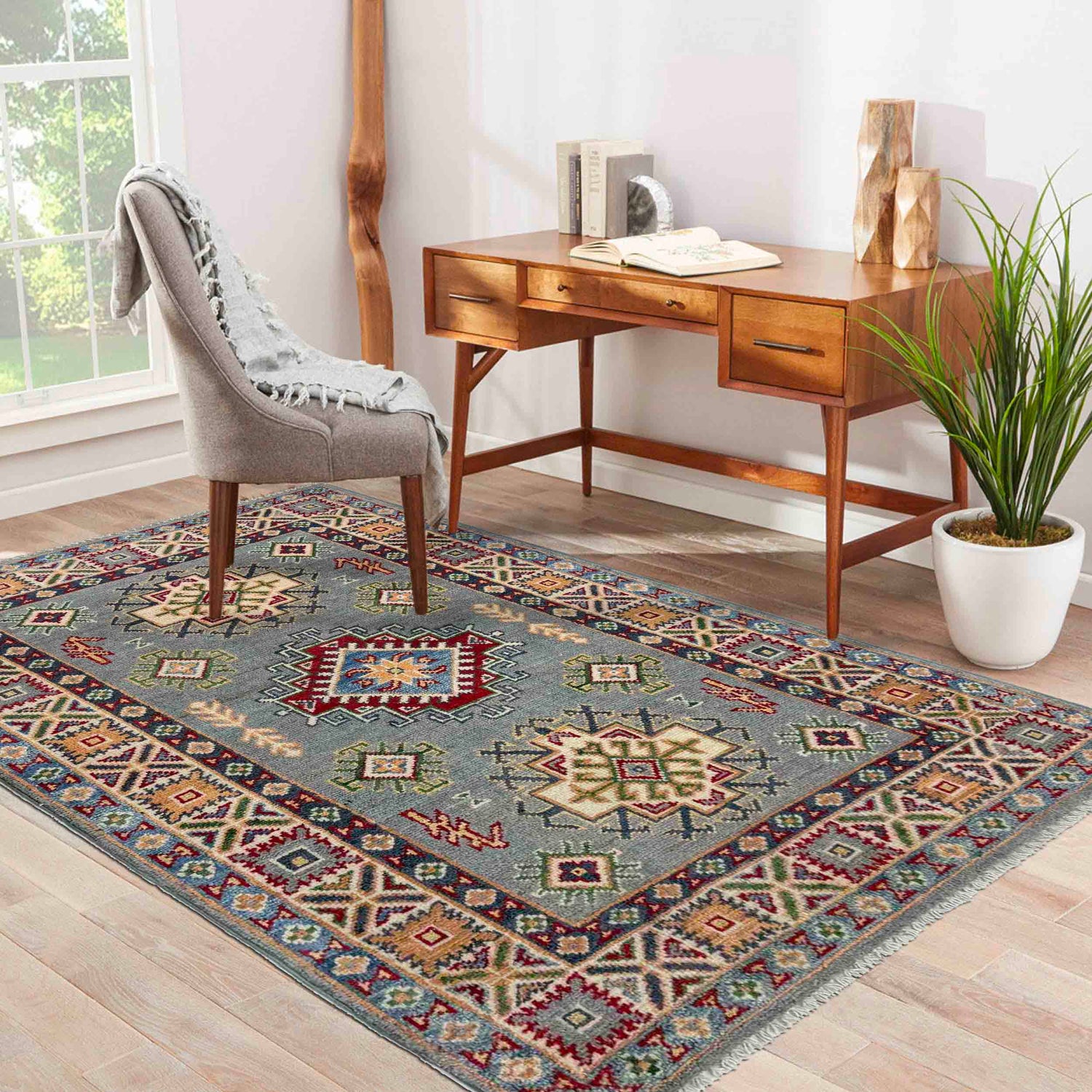 Kazak Rug Handmade Gray Medallion 2x4 ft