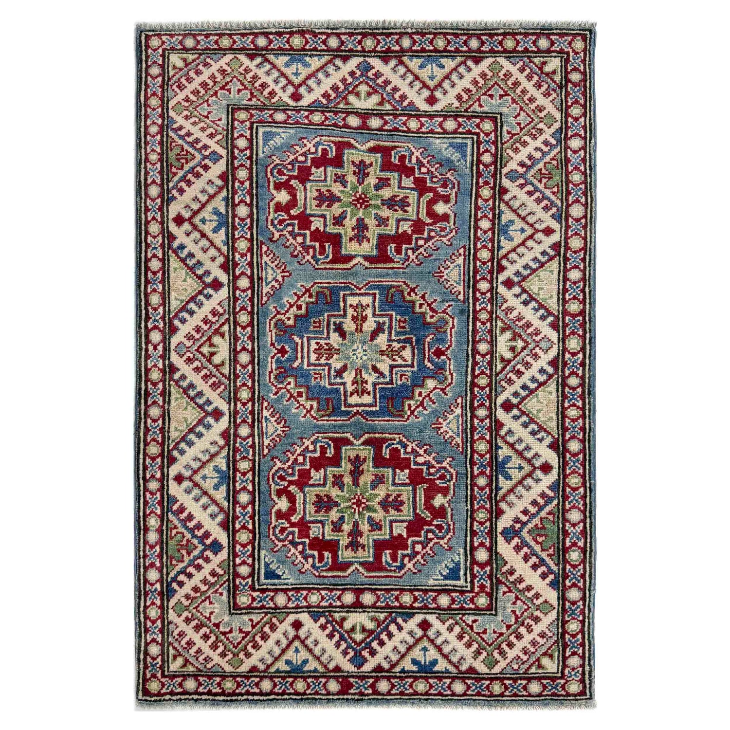 Kazak Rug Handmade Blue Medallion 2x4 ft