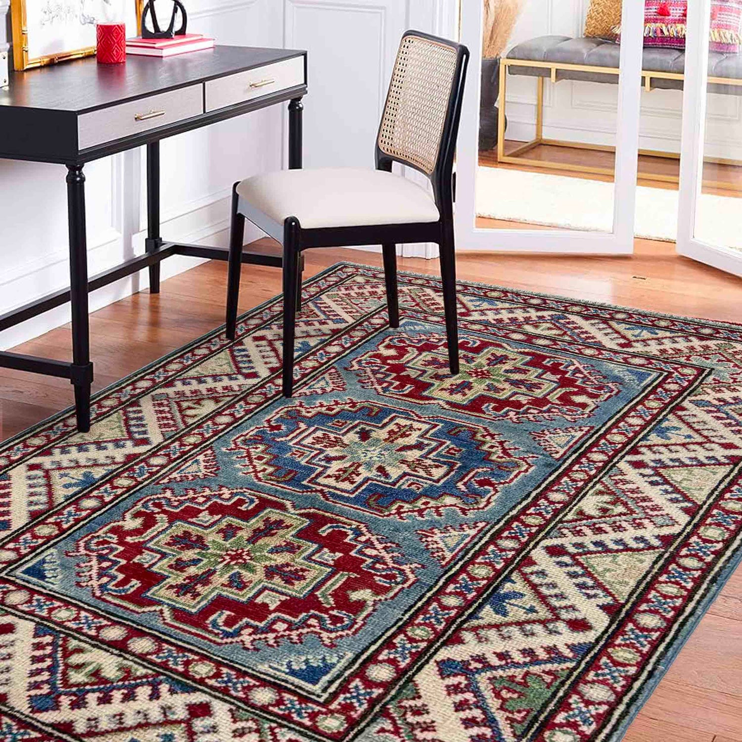 Kazak Rug Handmade Blue Medallion 2x4 ft