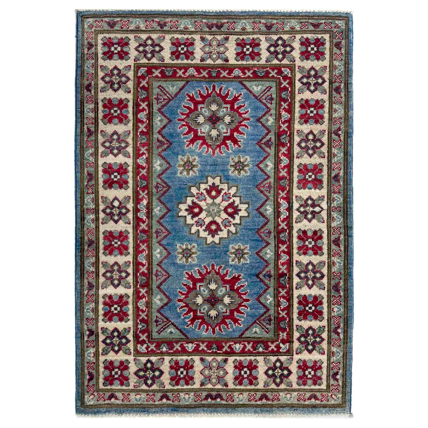 Kazak Rug Handmade Blue Medallion 2x4 ft