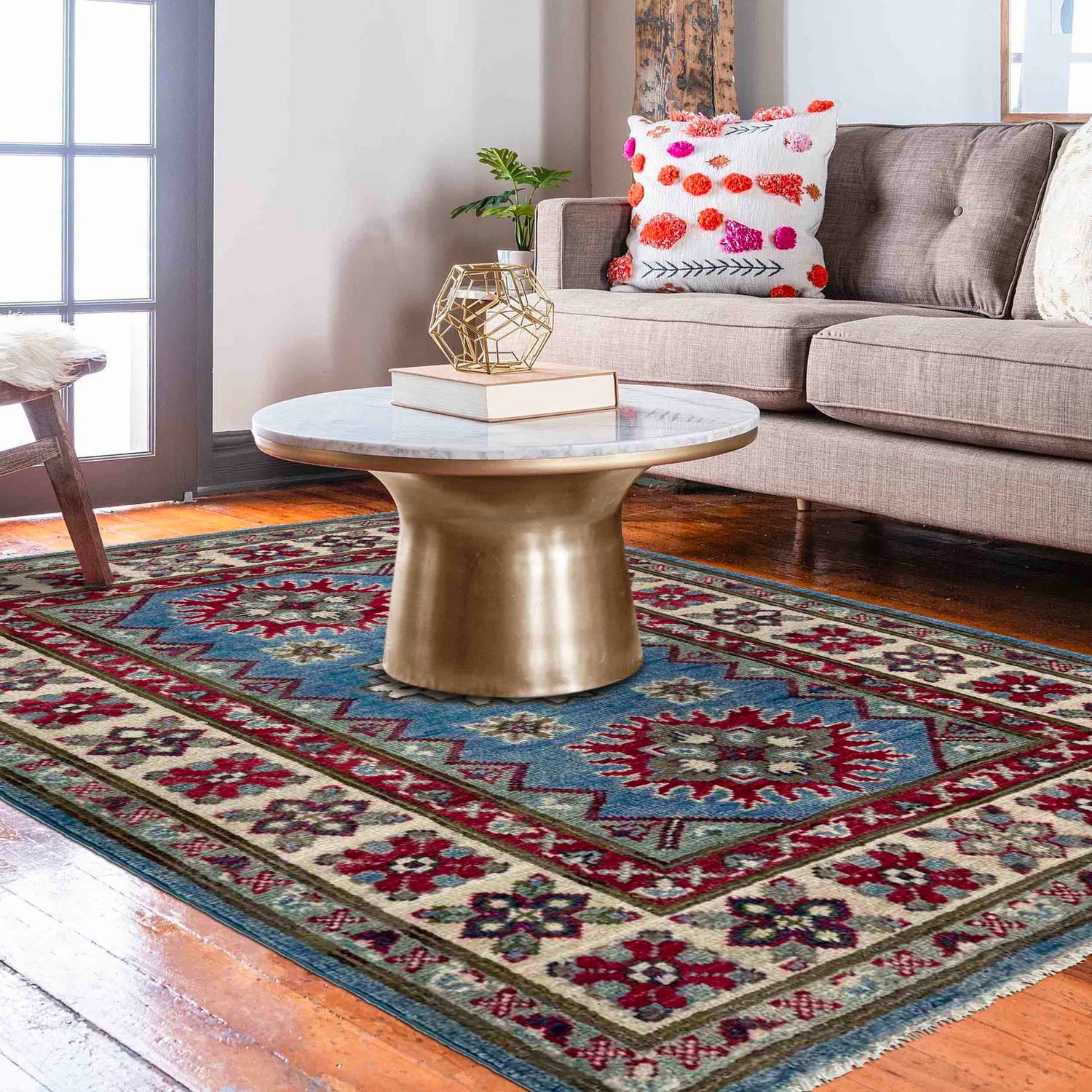 Kazak Rug Handmade Blue Medallion 2x4 ft
