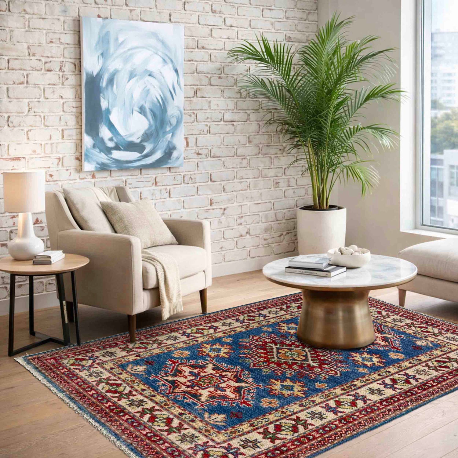 Kazak Rug Handmade Blue Medallion 2x4 ft
