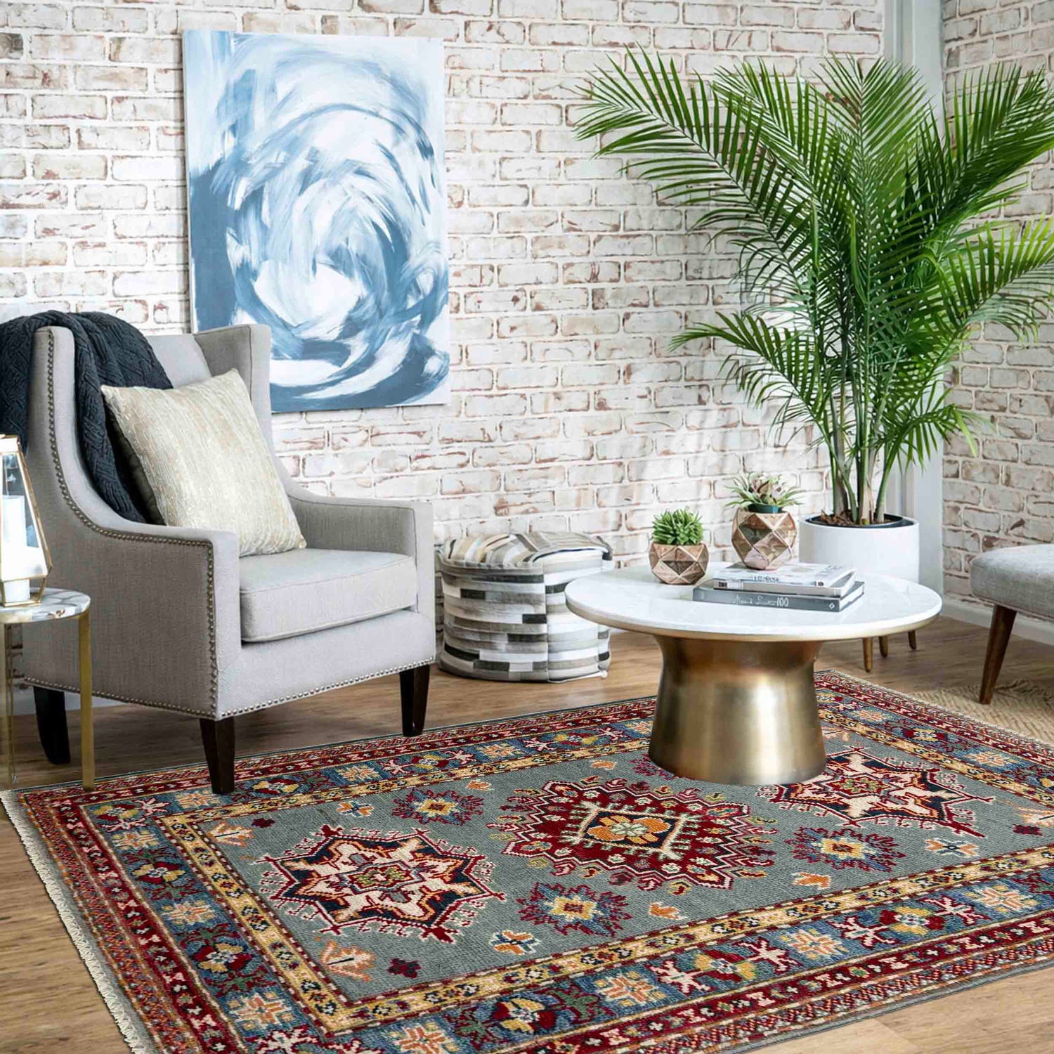 Kazak Rug Handmade Gray Medallion 2x4 ft