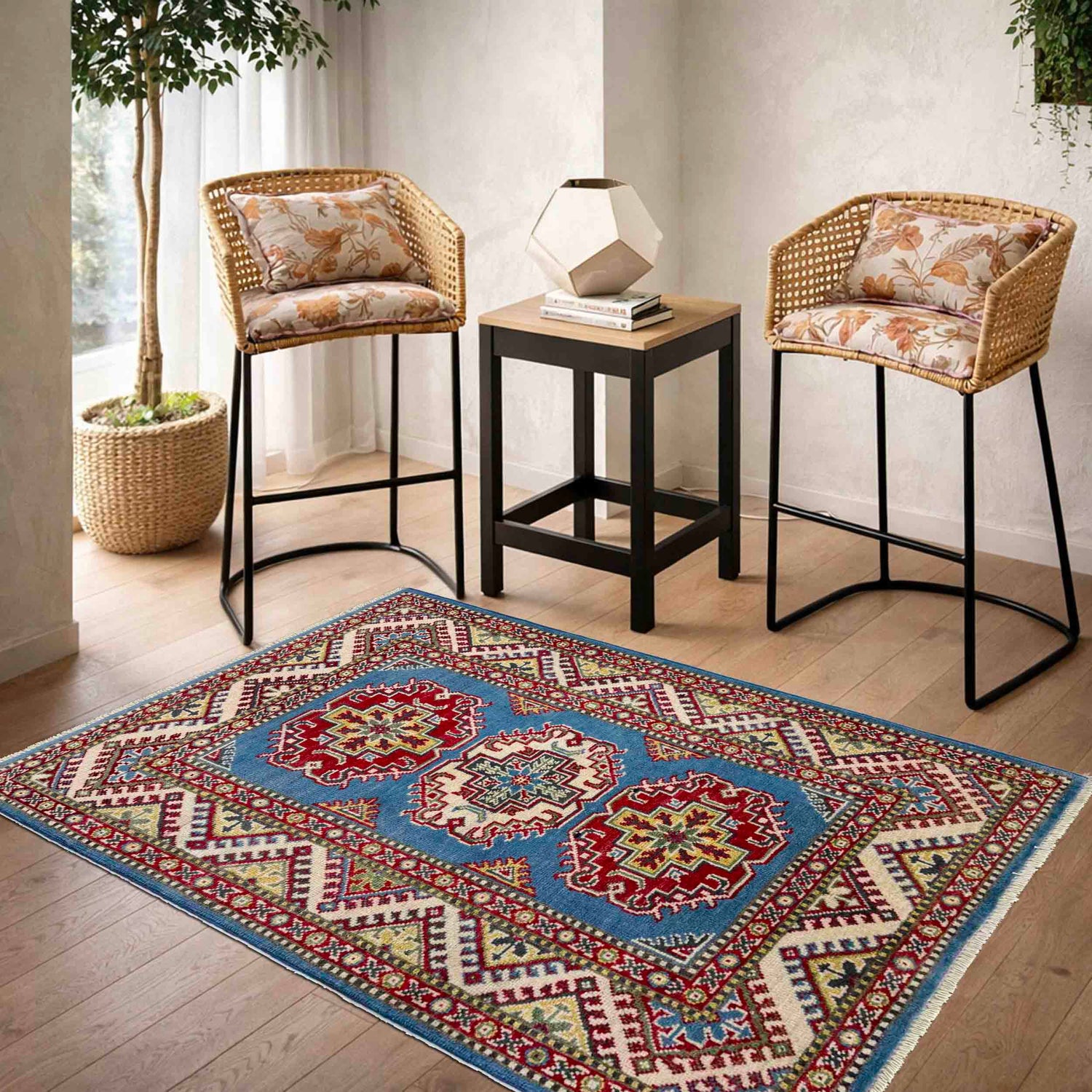 Kazak Rug Handmade Blue Medallion 2x4 ft
