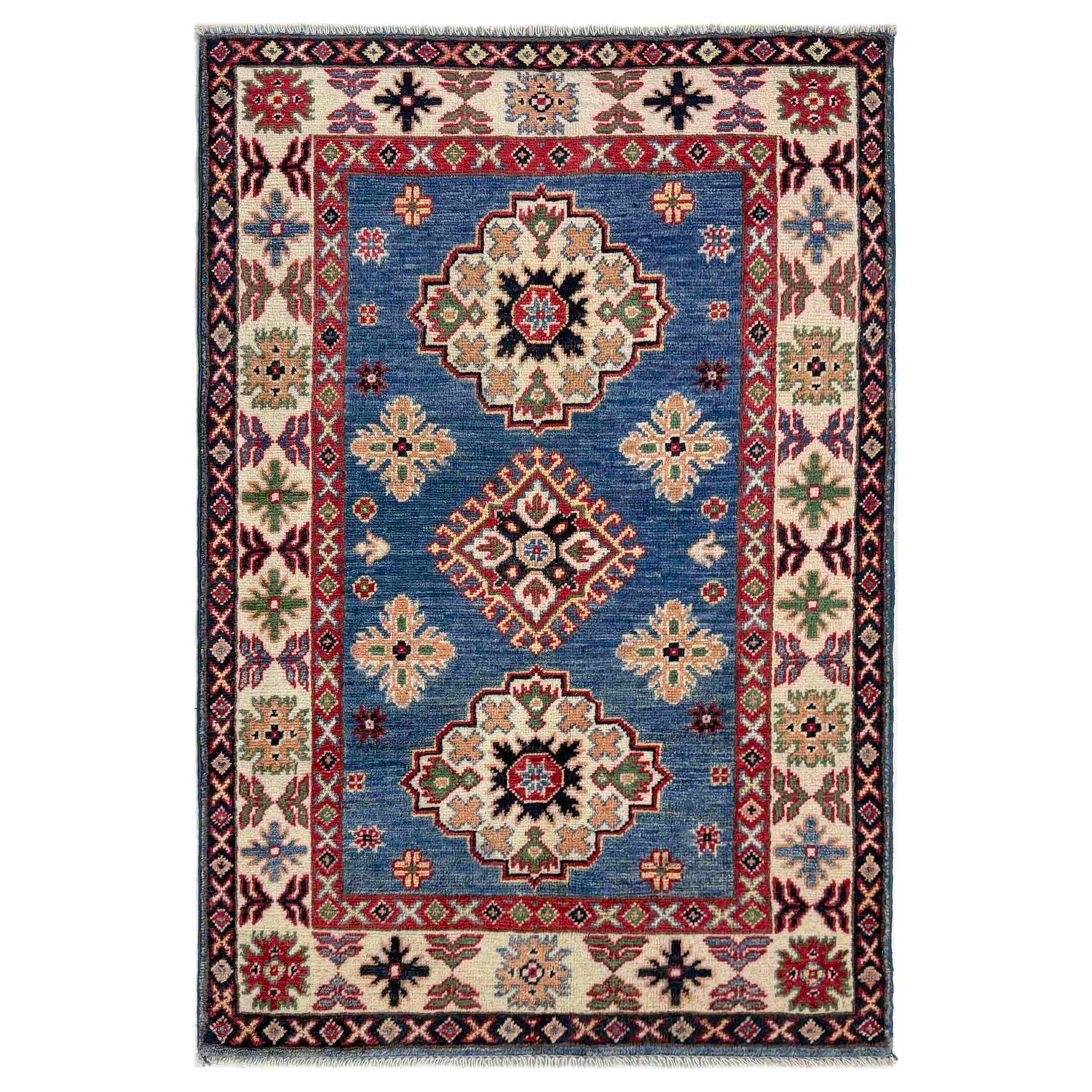 Kazak Rug Handmade Blue Medallion 2x4 ft