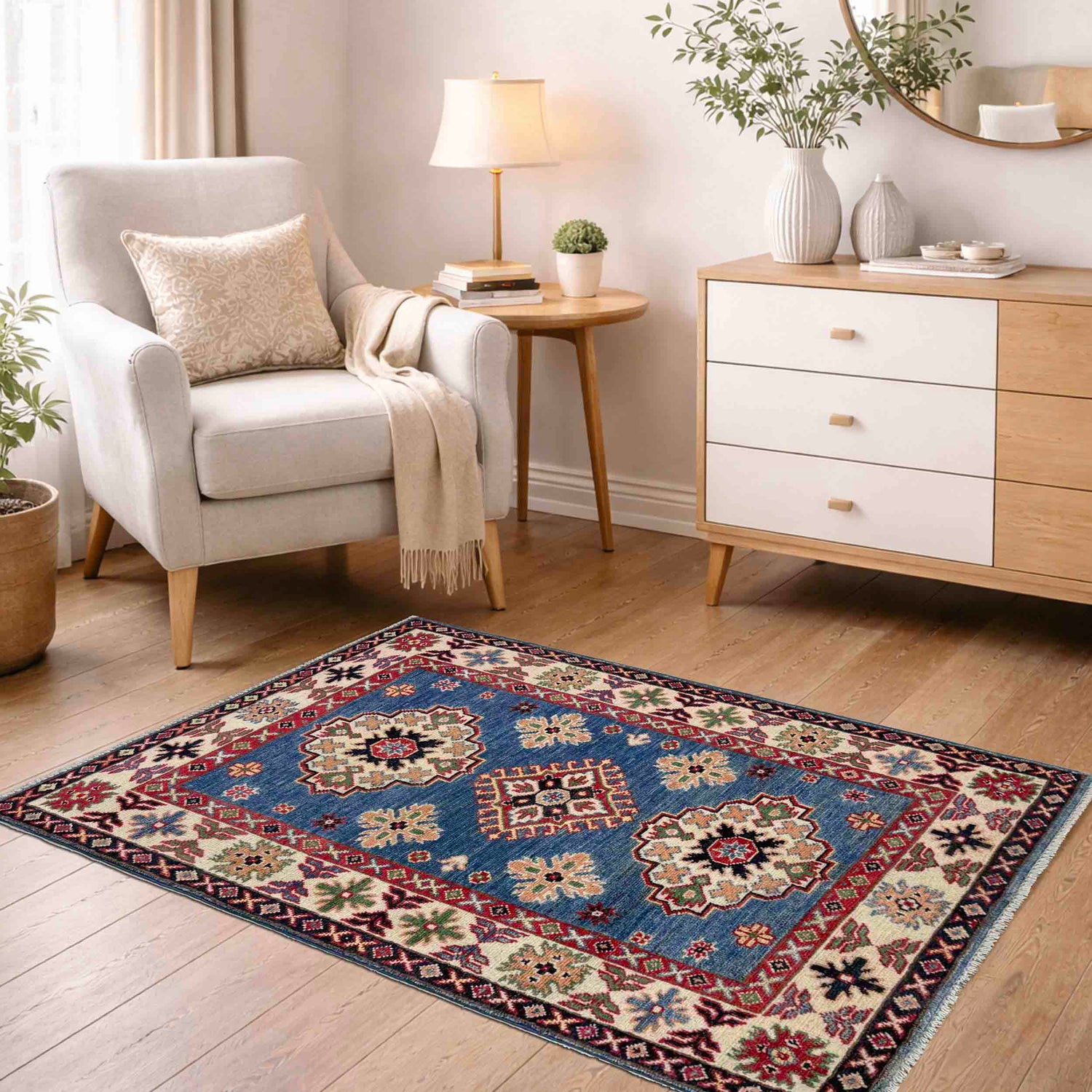 Kazak Rug Handmade Blue Medallion 2x4 ft