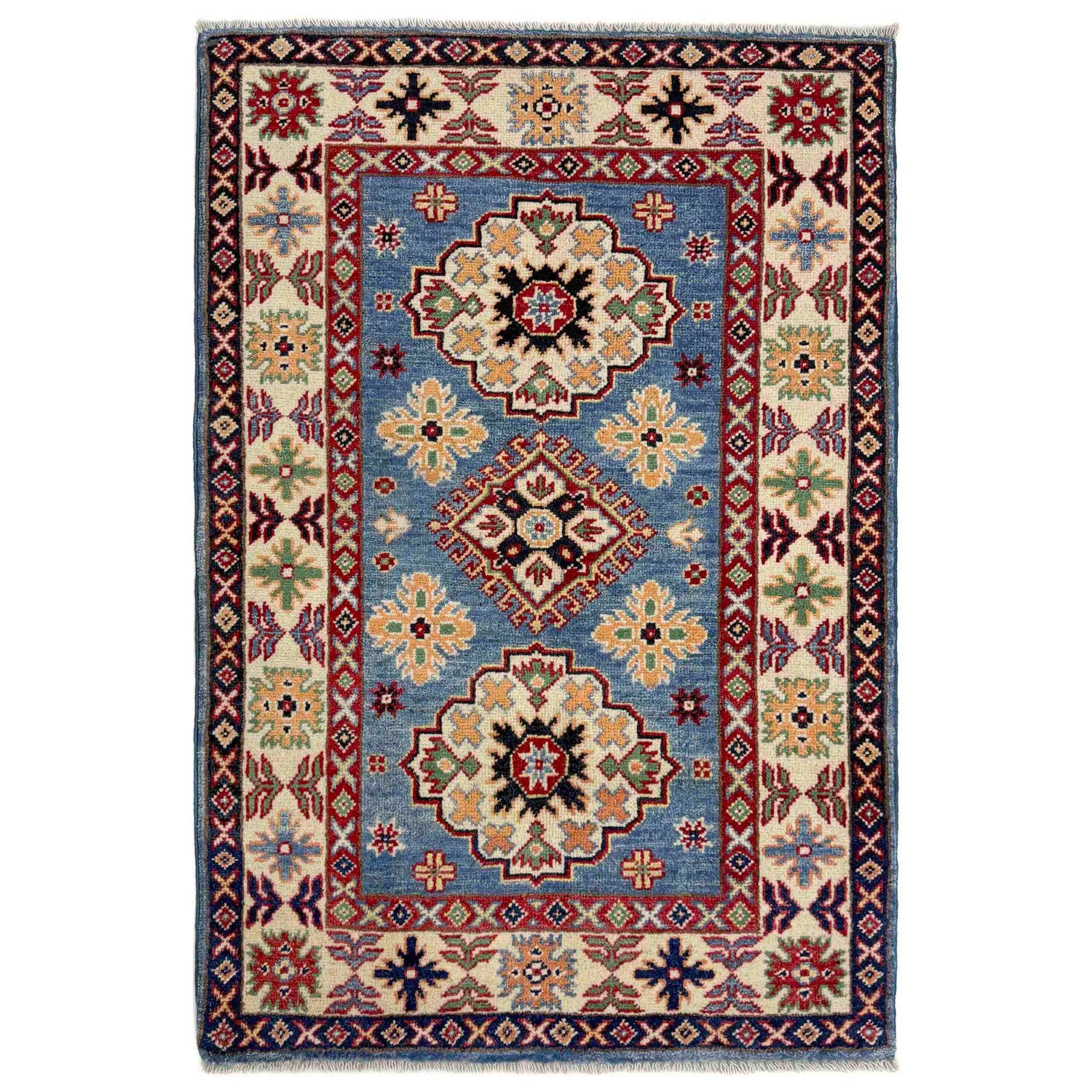 Kazak Rug Handmade Blue Medallion 2x4 ft