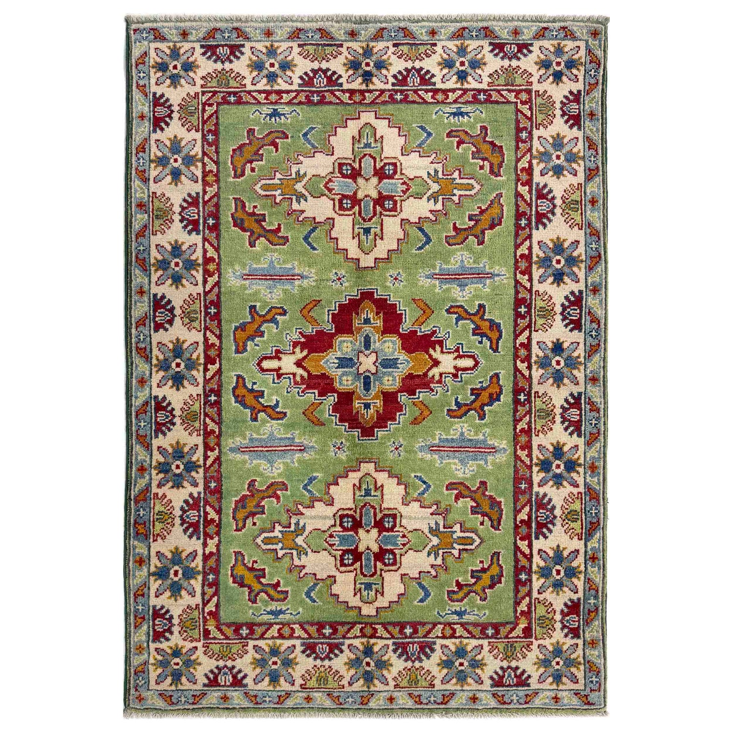 Kazak Rug Handmade Green Medallion 3x5 ft