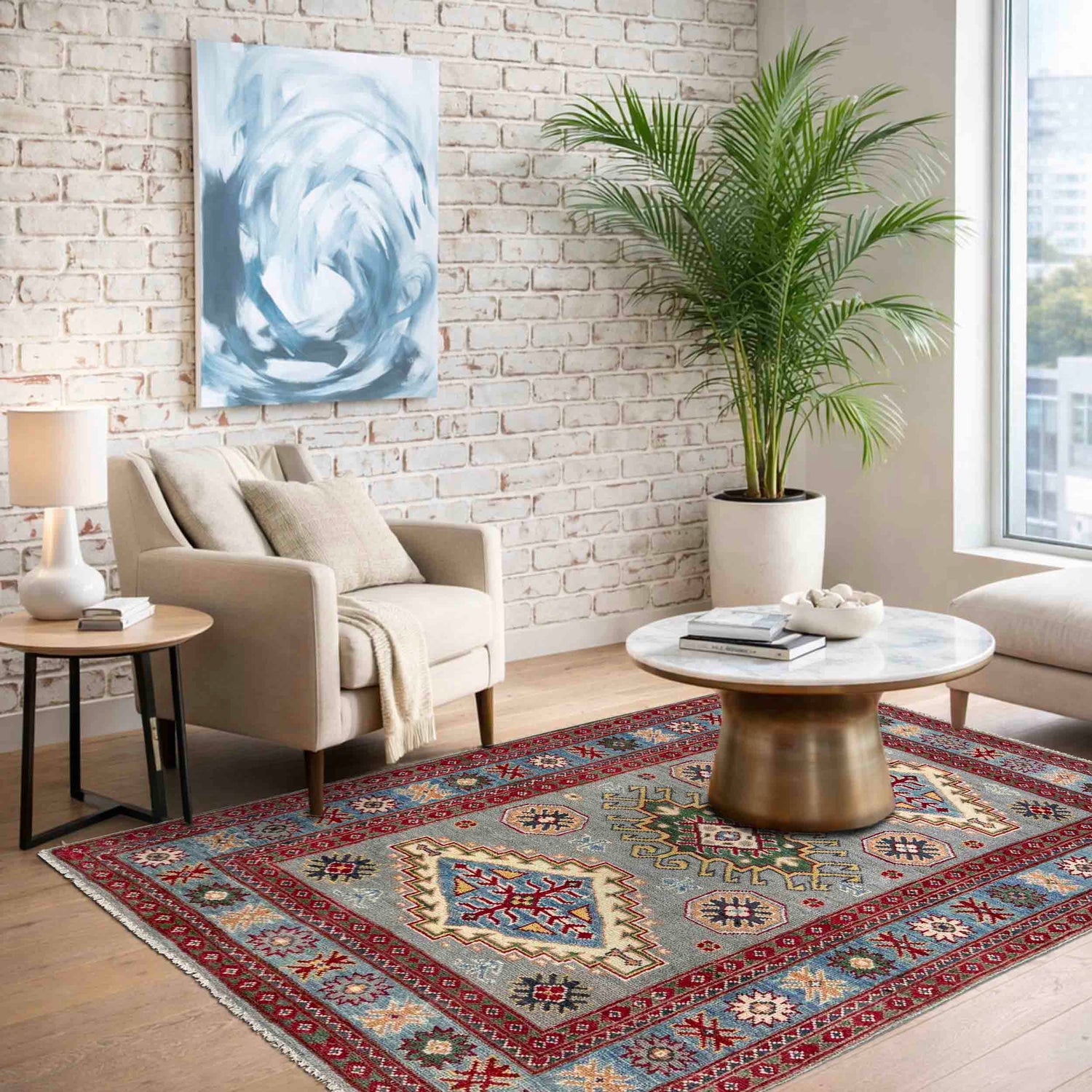 Kazak Rug Handmade Gray Medallion 3x5 ft