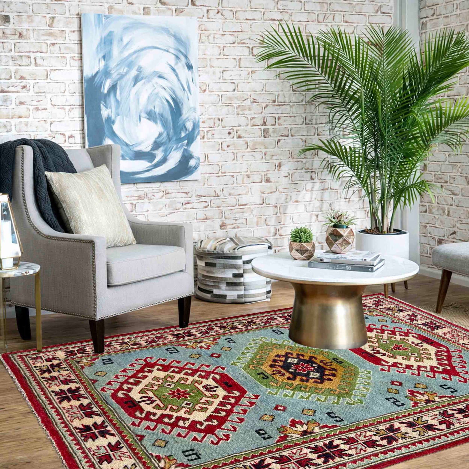 Kazak Rug Handmade Blue Medallion 3x5 ft