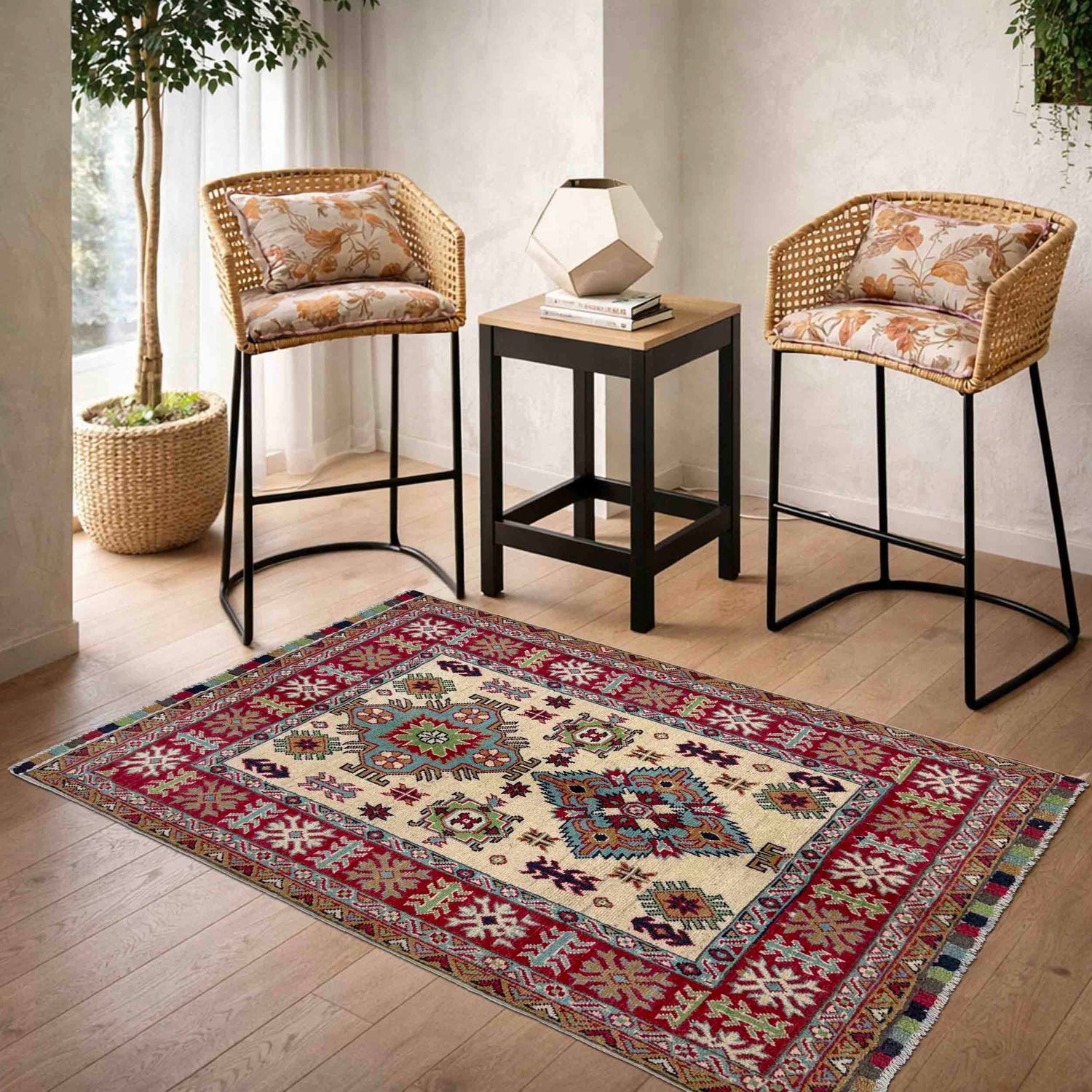 Kazak Rug Handmade Beige Medallion 3x5 ft