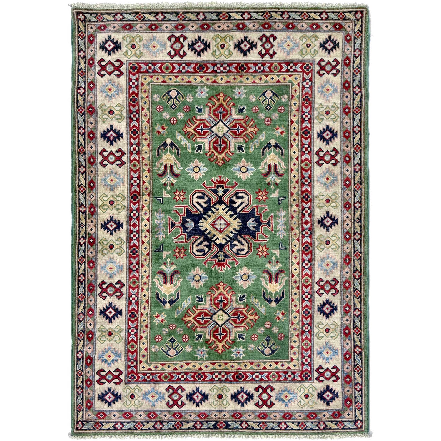 Kazak Rug Handmade Green Medallion 3x5 ft